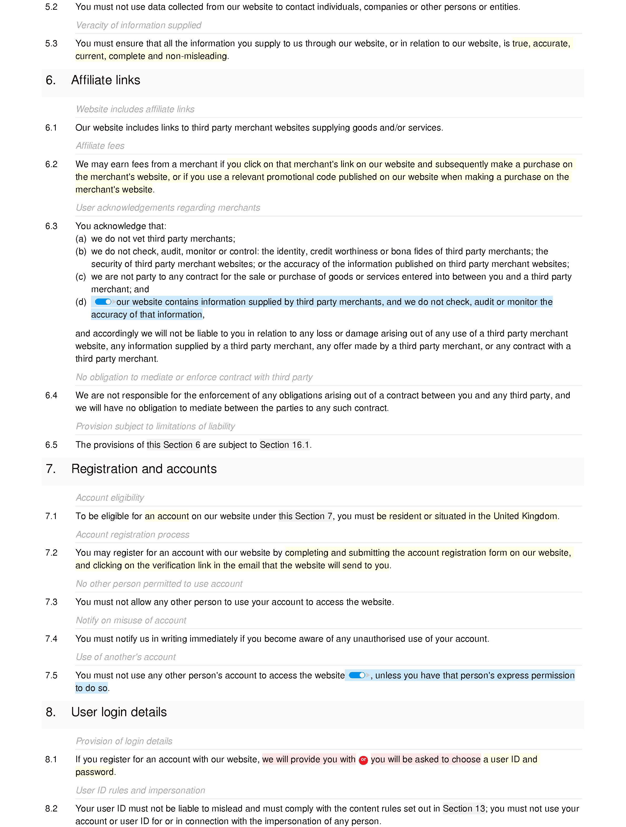 Social and affiliate website terms and conditions document editor preview