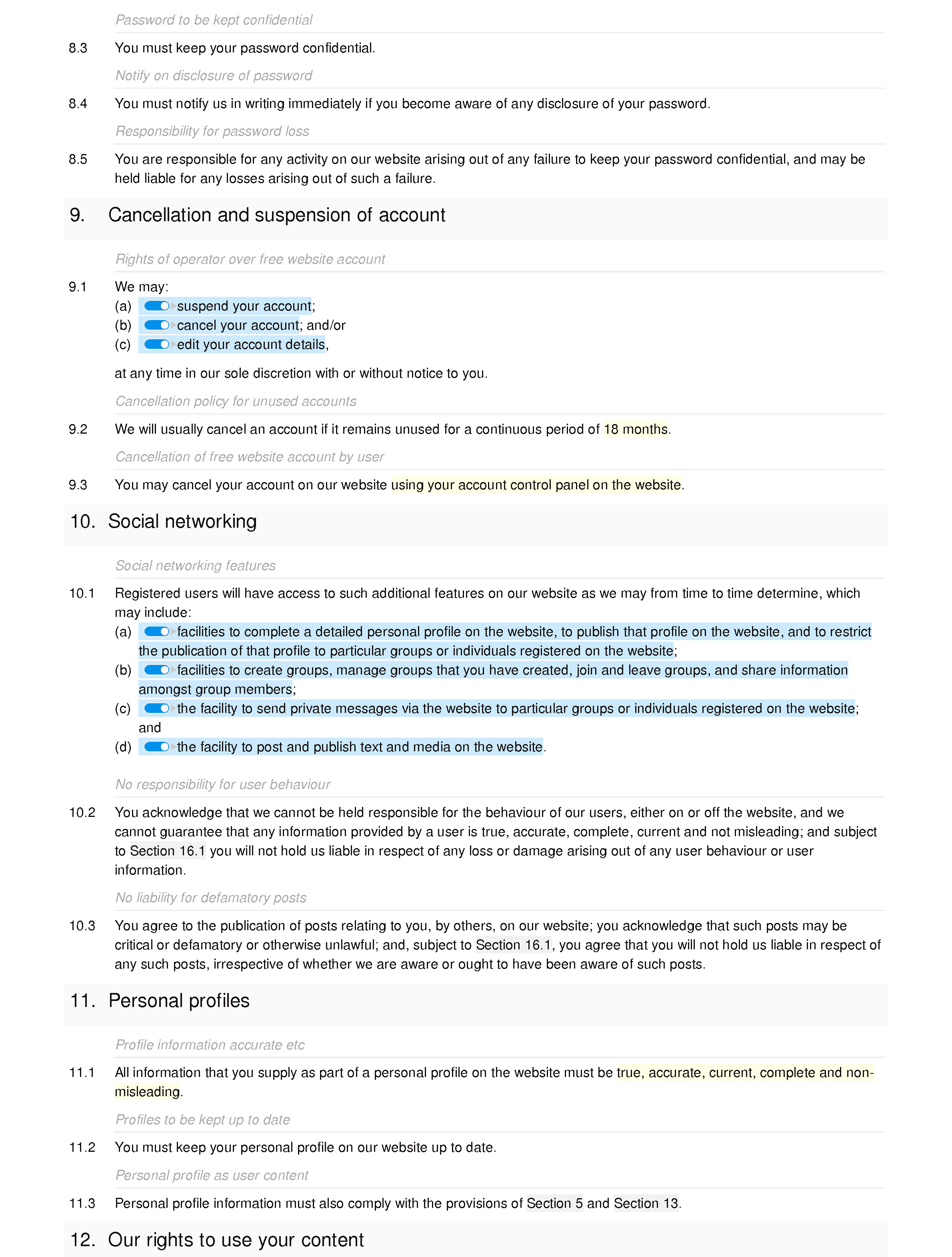 Social and affiliate website terms and conditions document editor preview