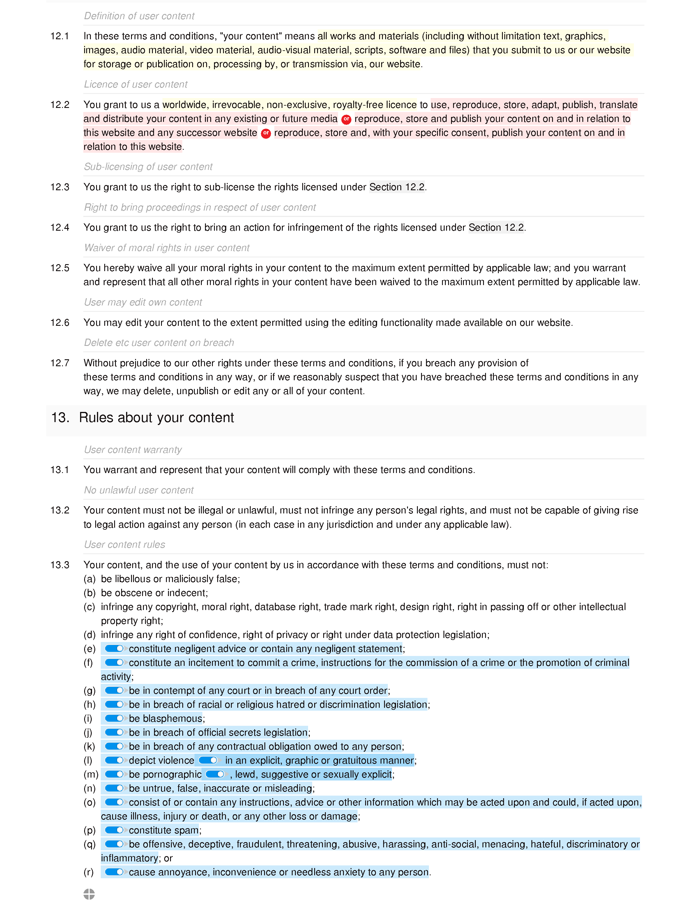 Social and affiliate website terms and conditions document editor preview