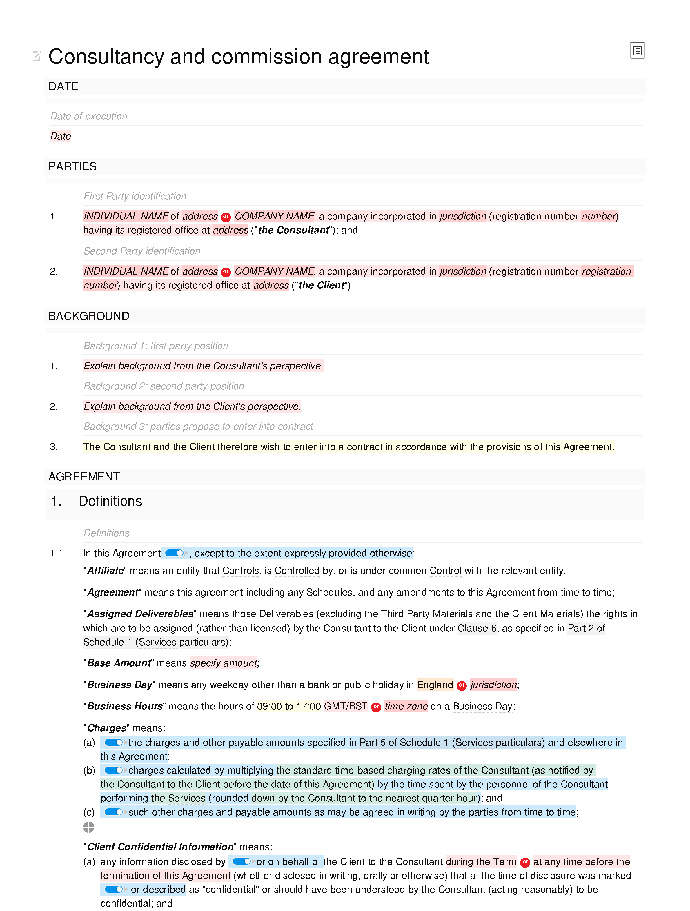 Consultancy and commission agreement document editor preview