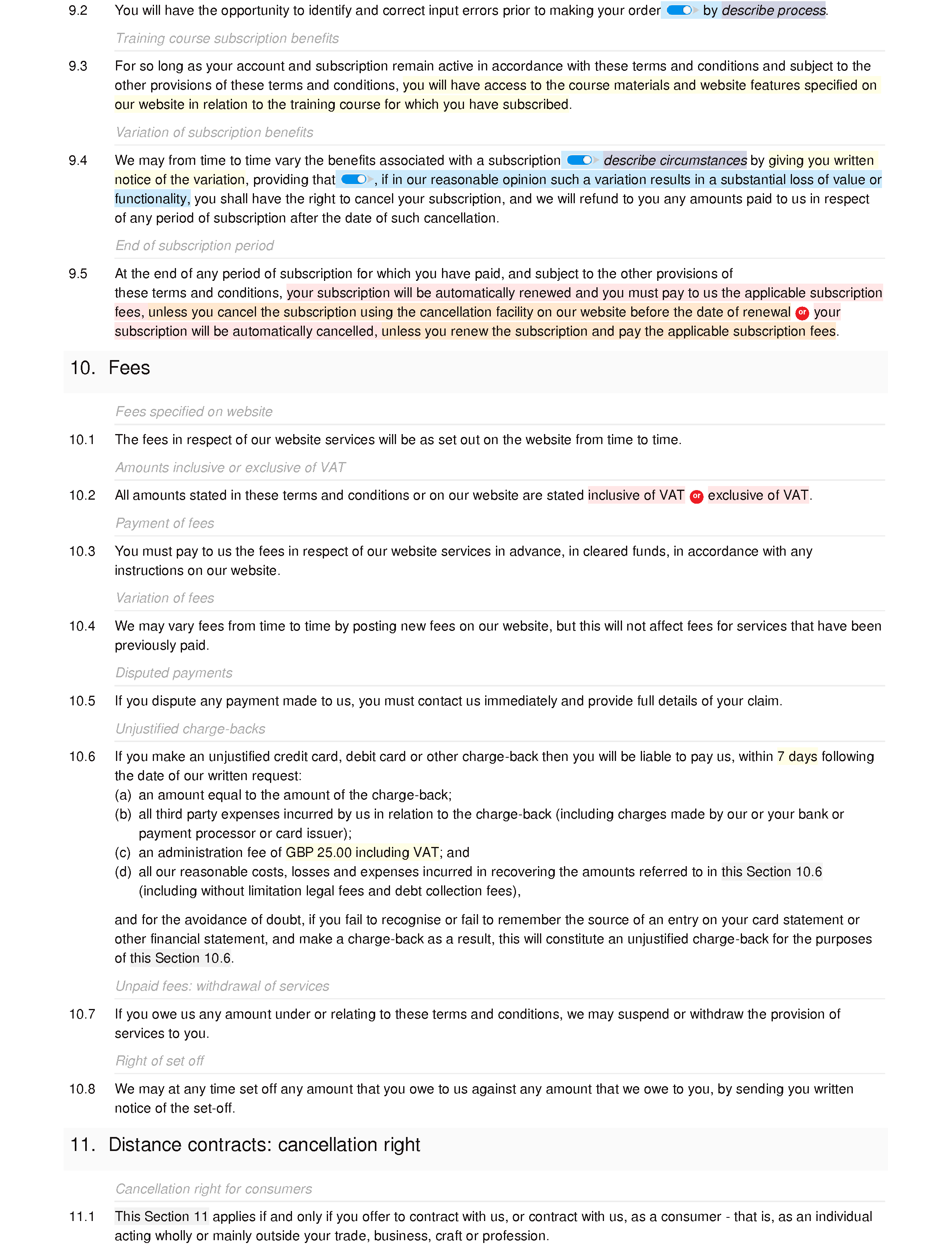 Training course website terms and conditions document editor preview