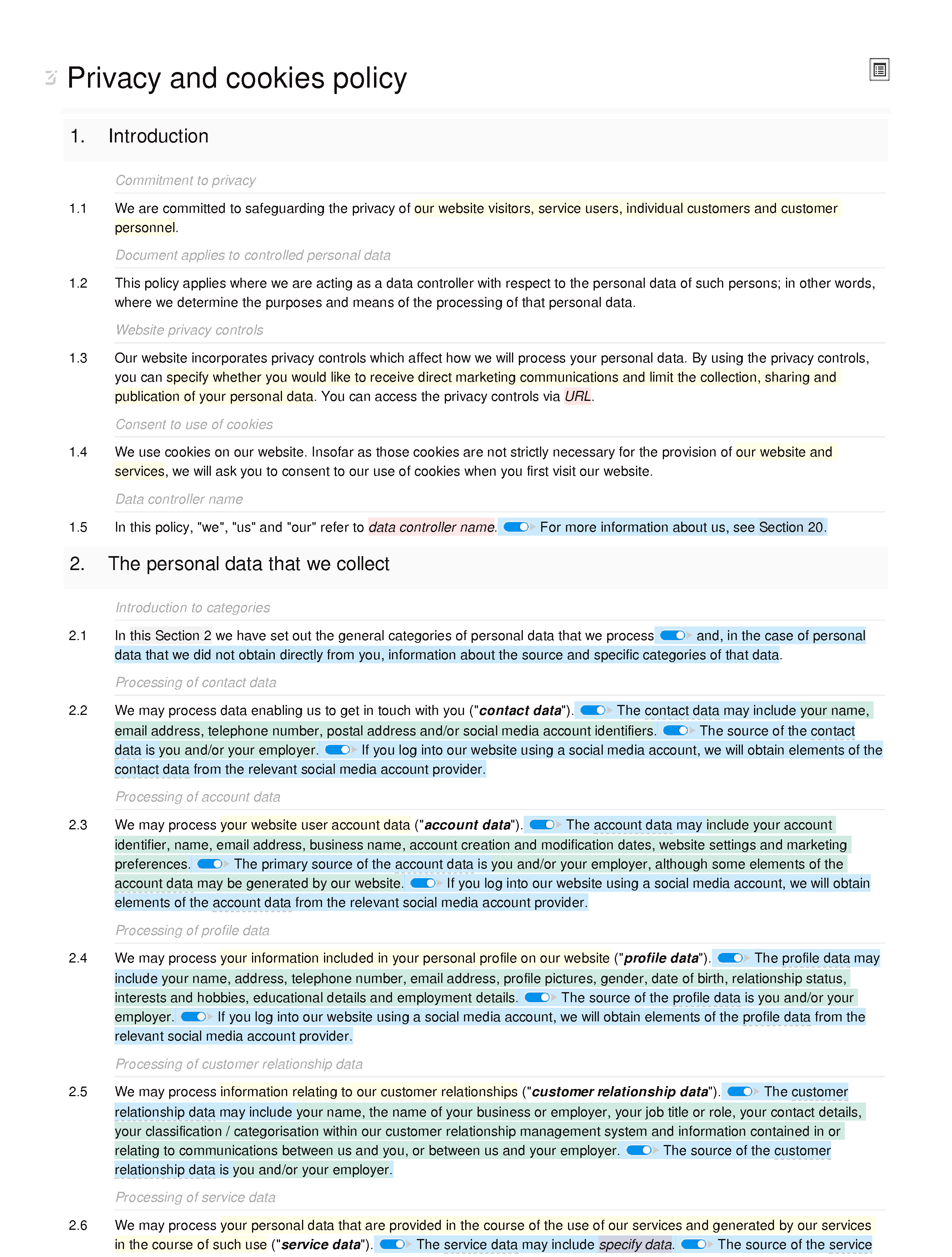 Privacy and cookies policy document editor preview