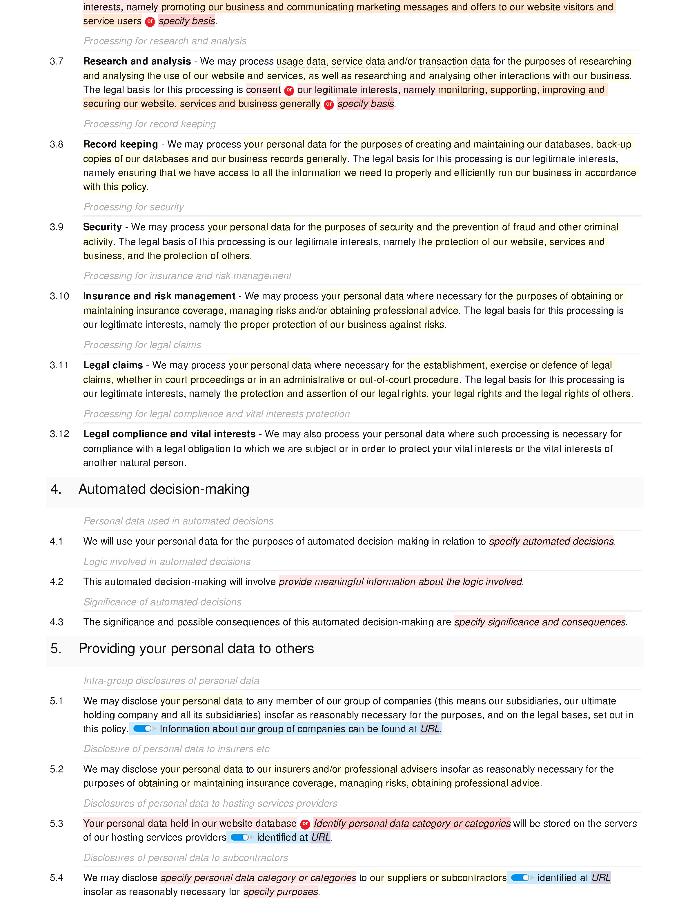 Privacy and cookies policy document editor preview