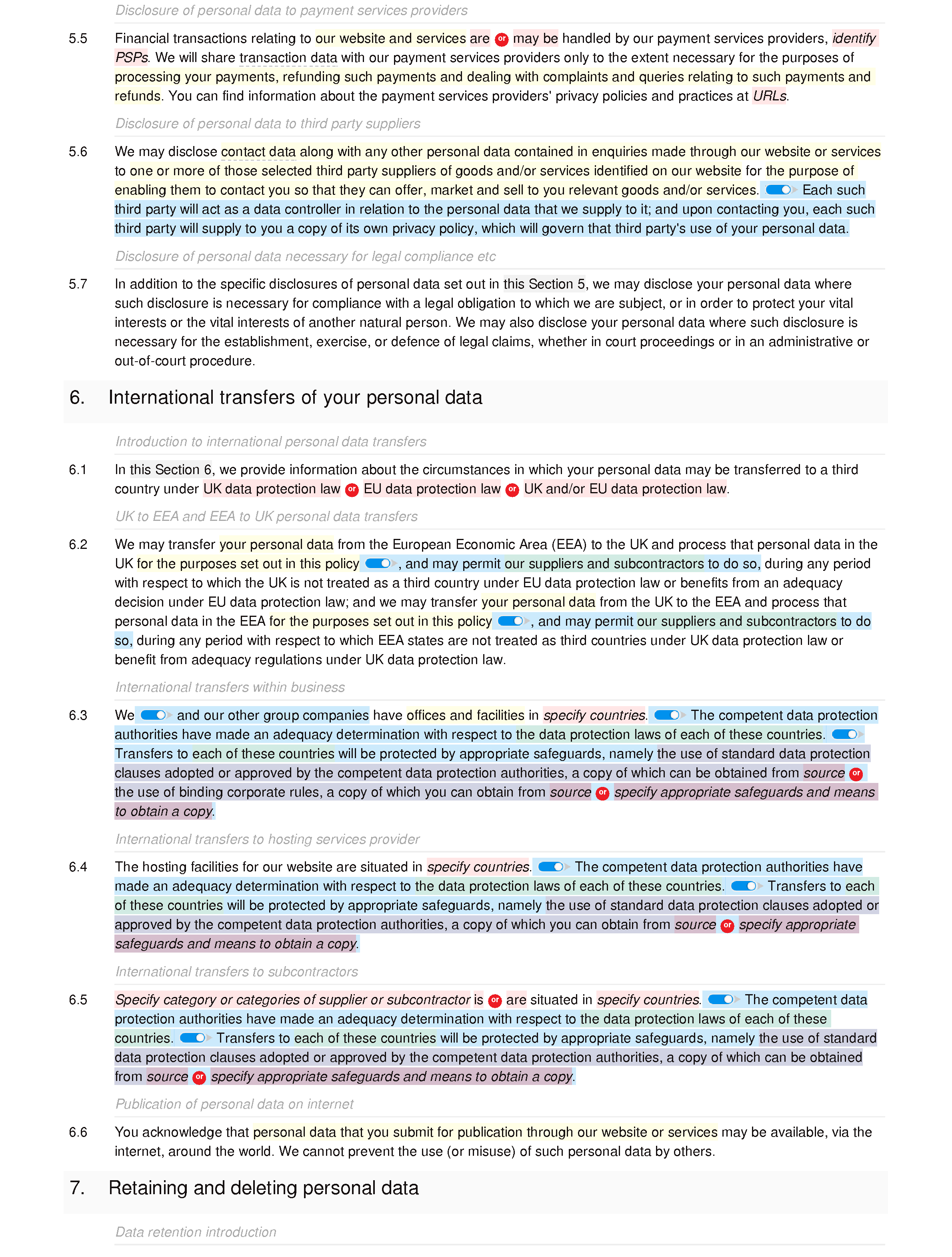 Privacy and cookies policy document editor preview