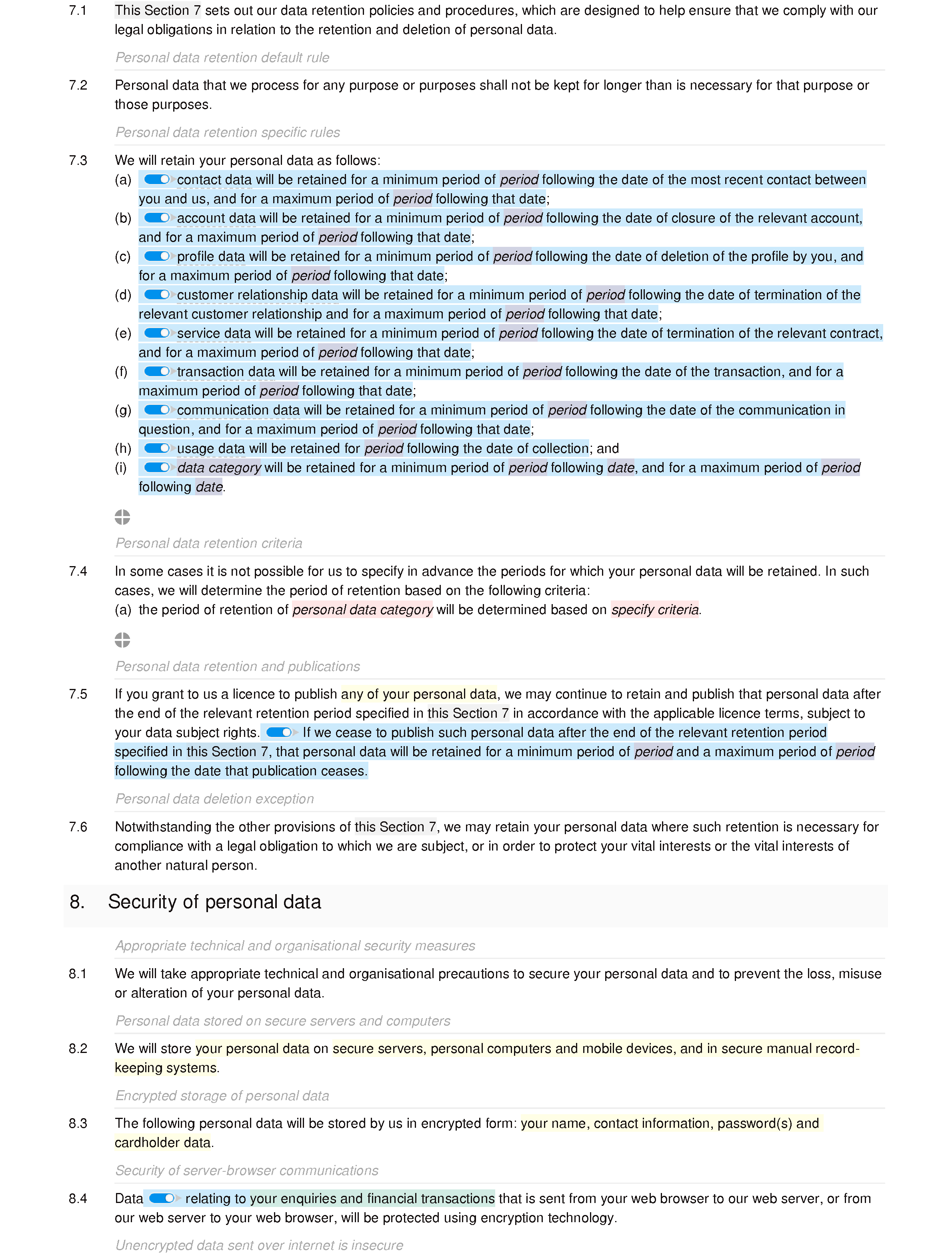 Privacy and cookies policy document editor preview