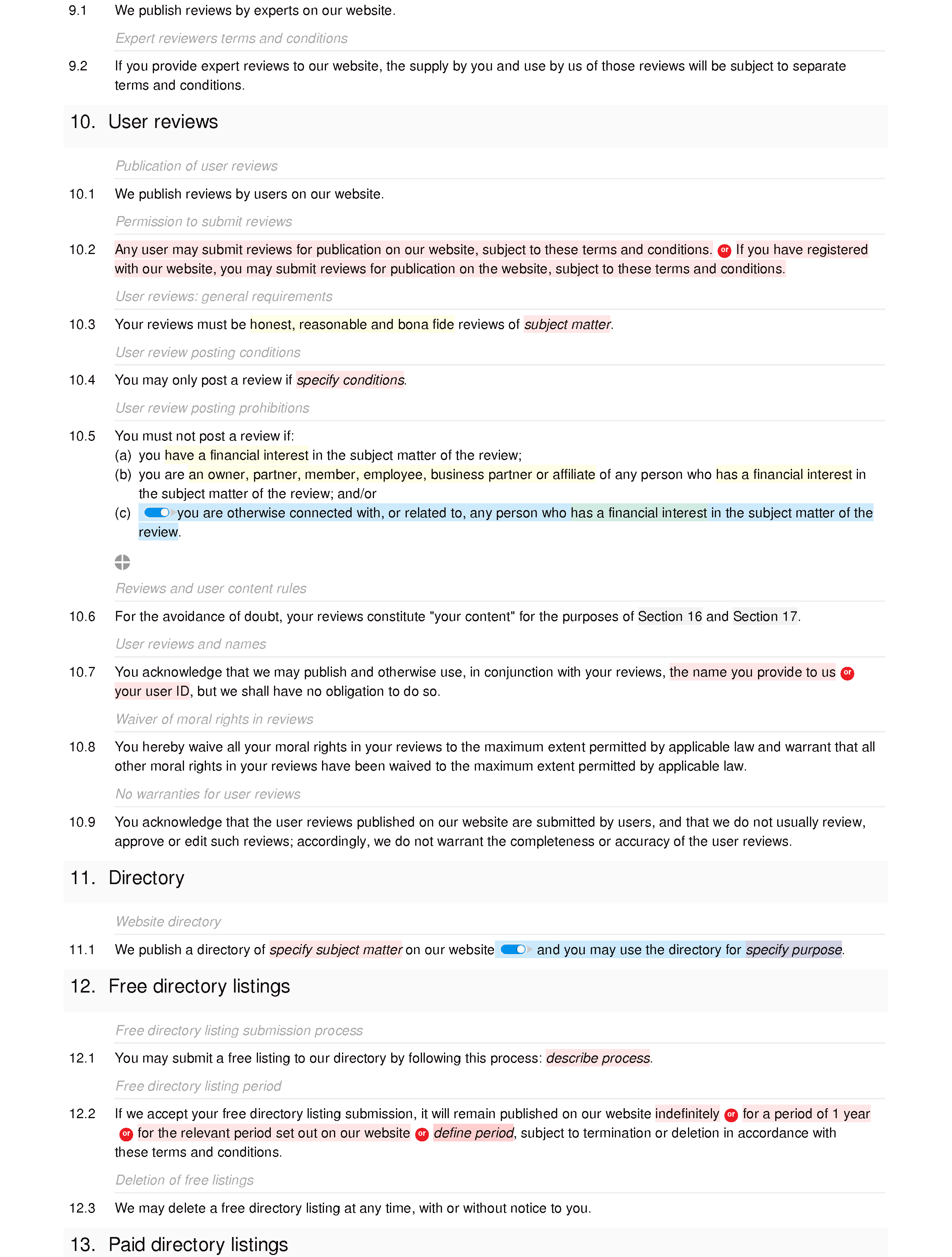 Directory and review website terms and conditions document editor preview