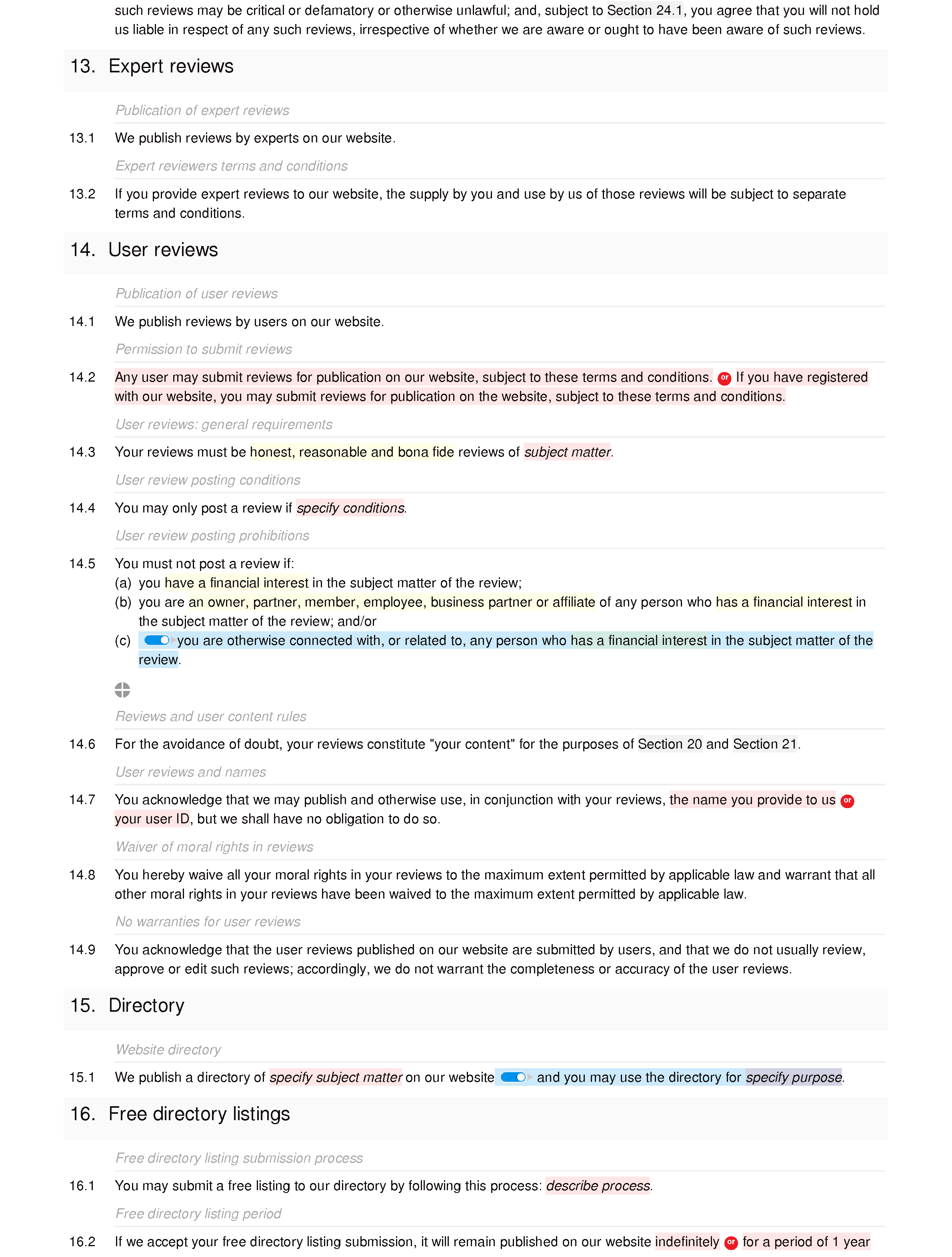Social directory terms and conditions document editor preview