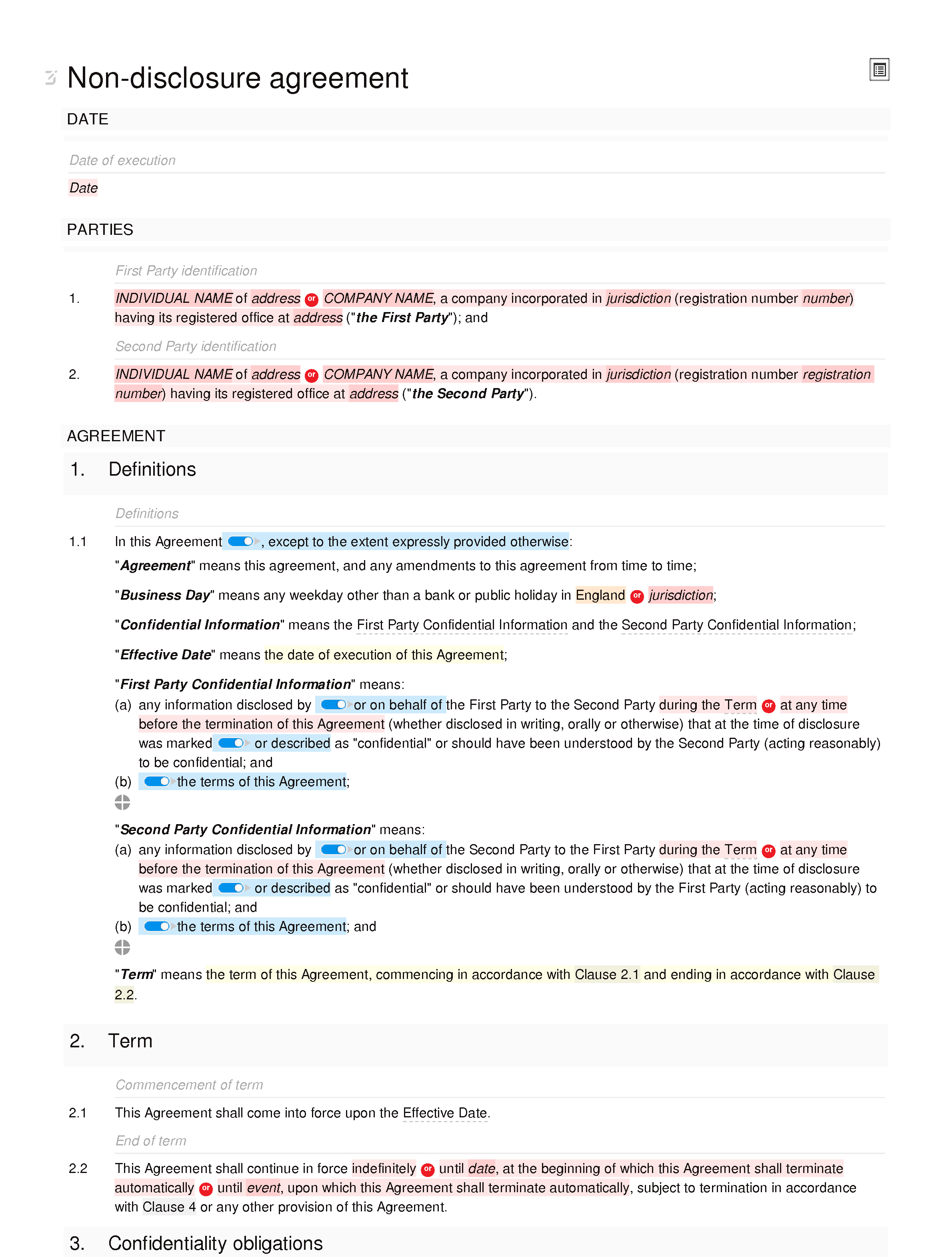 Non-disclosure agreement (mutual, standard) document editor preview