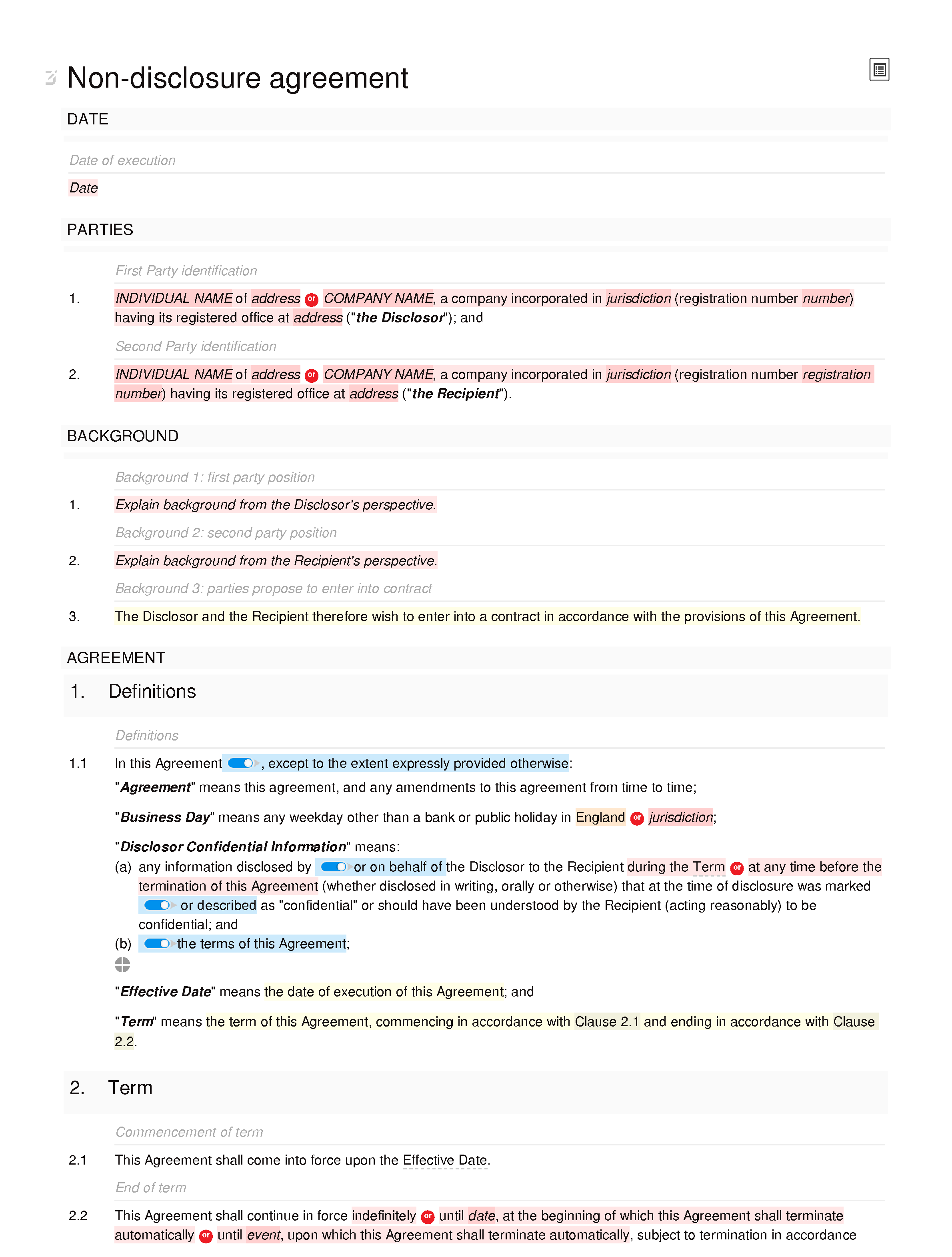 Non-disclosure agreement (unilateral, premium) document editor preview