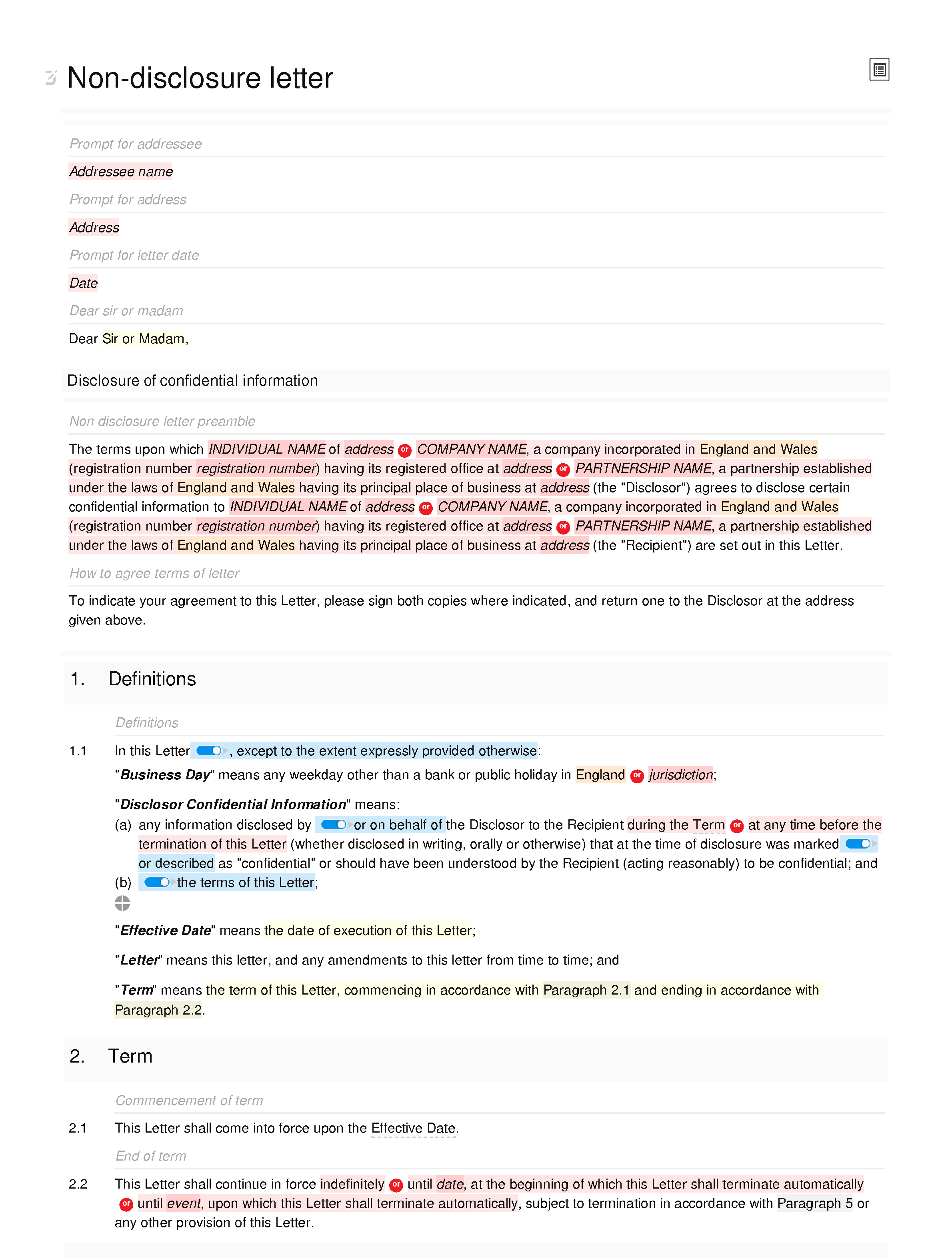 Non-disclosure letter (unilateral, standard) document editor preview
