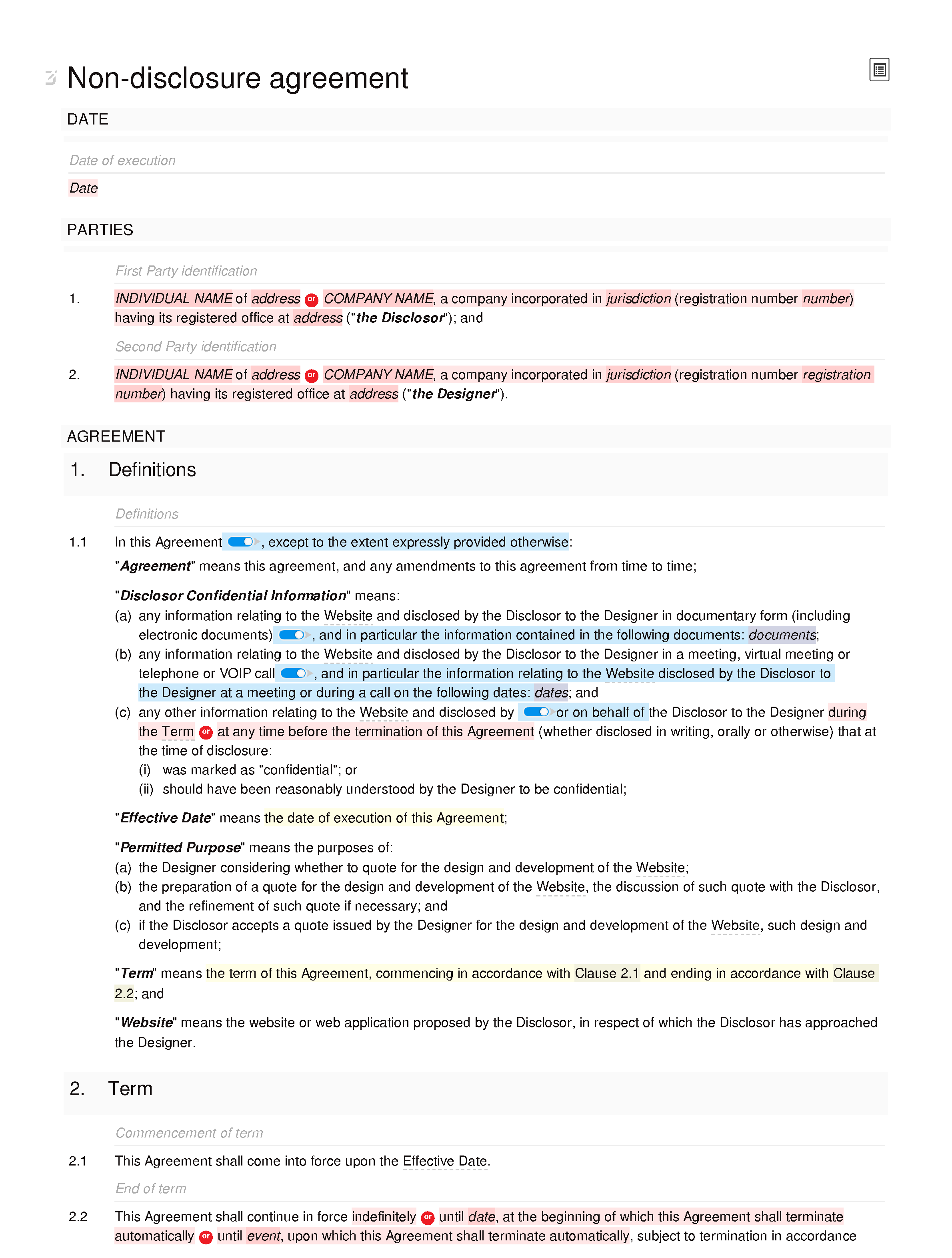 Non-disclosure agreement (web design) document editor preview