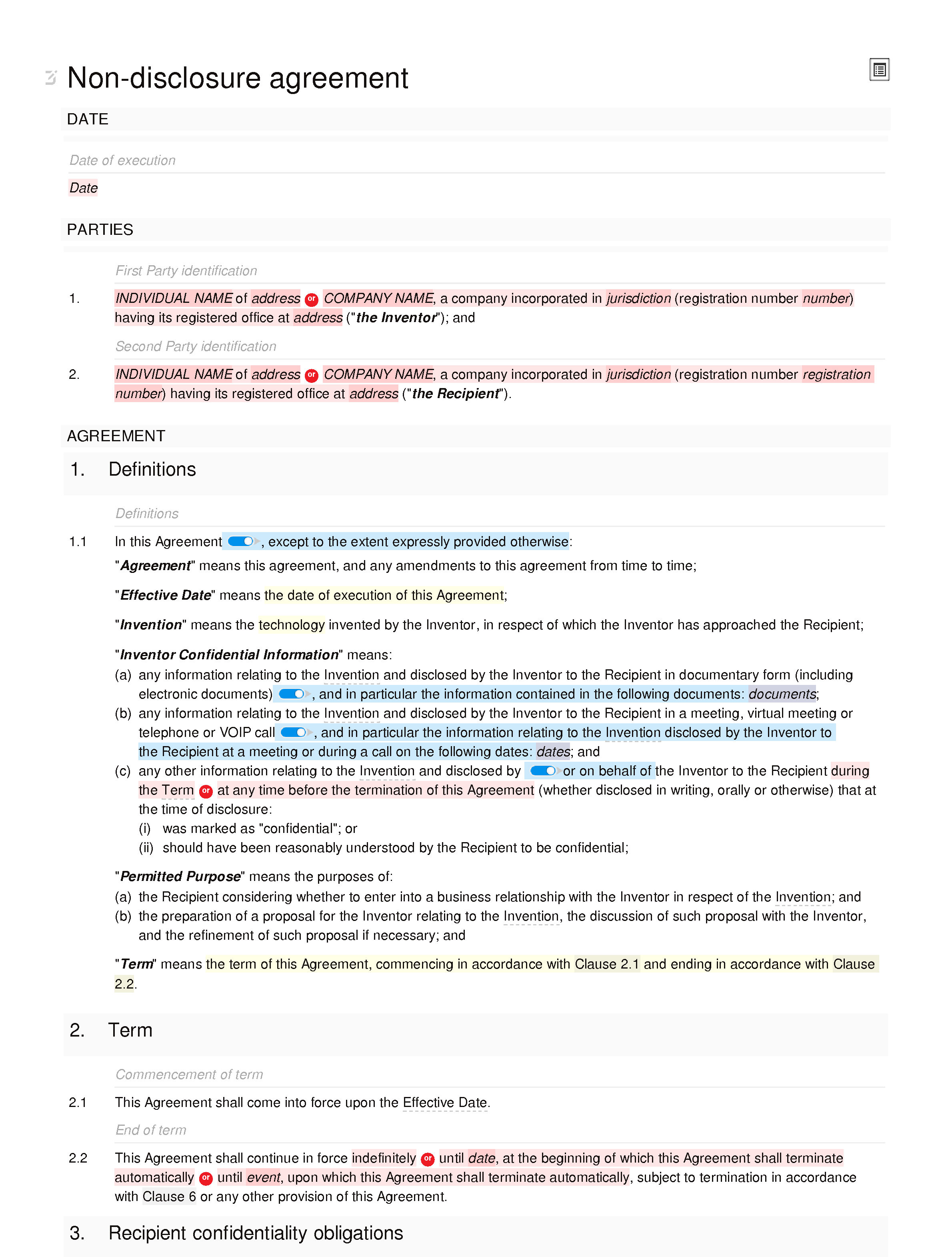 Non-disclosure agreement (invention) document editor preview