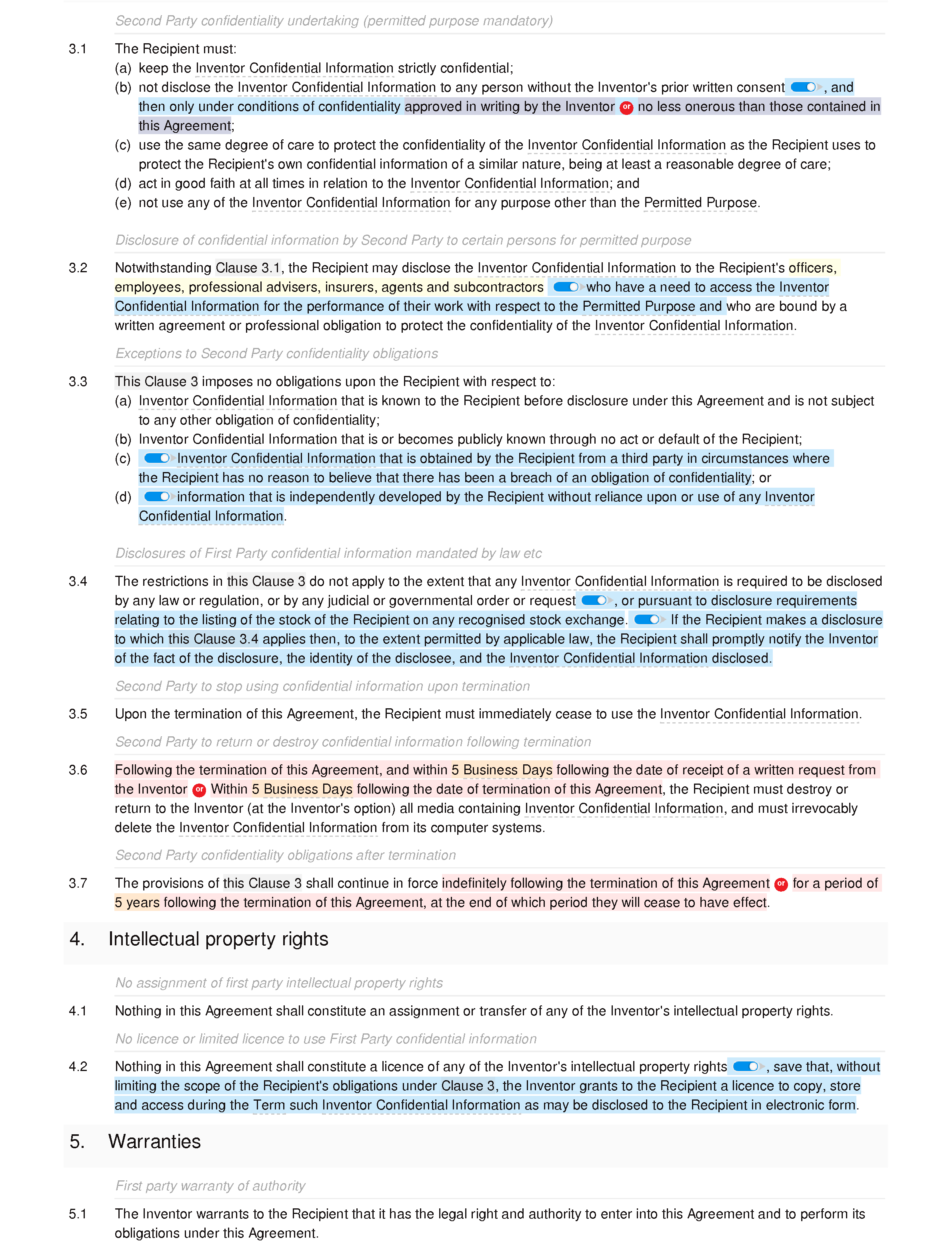 Non-disclosure agreement (invention) document editor preview