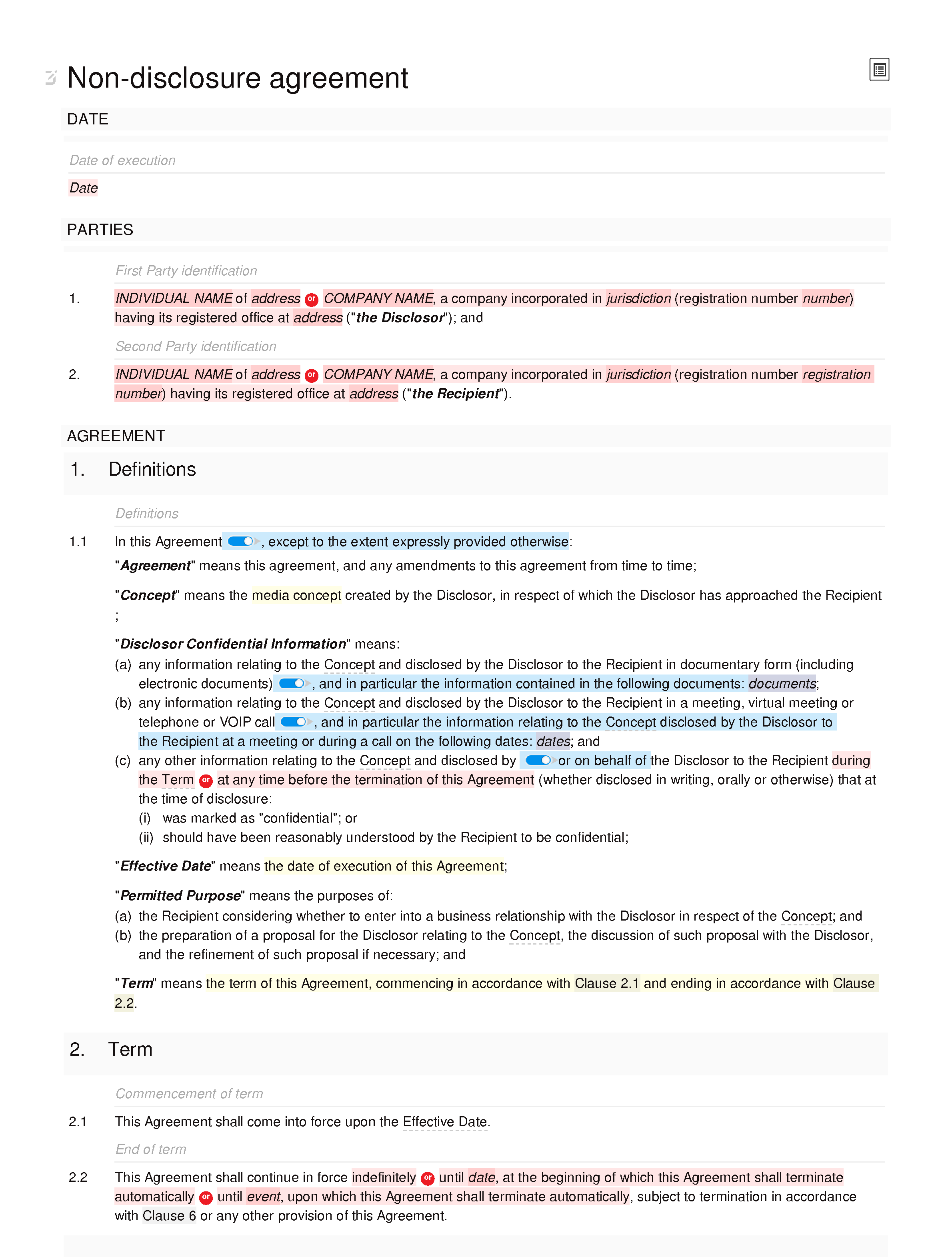 Non-disclosure agreement (media concept) document editor preview