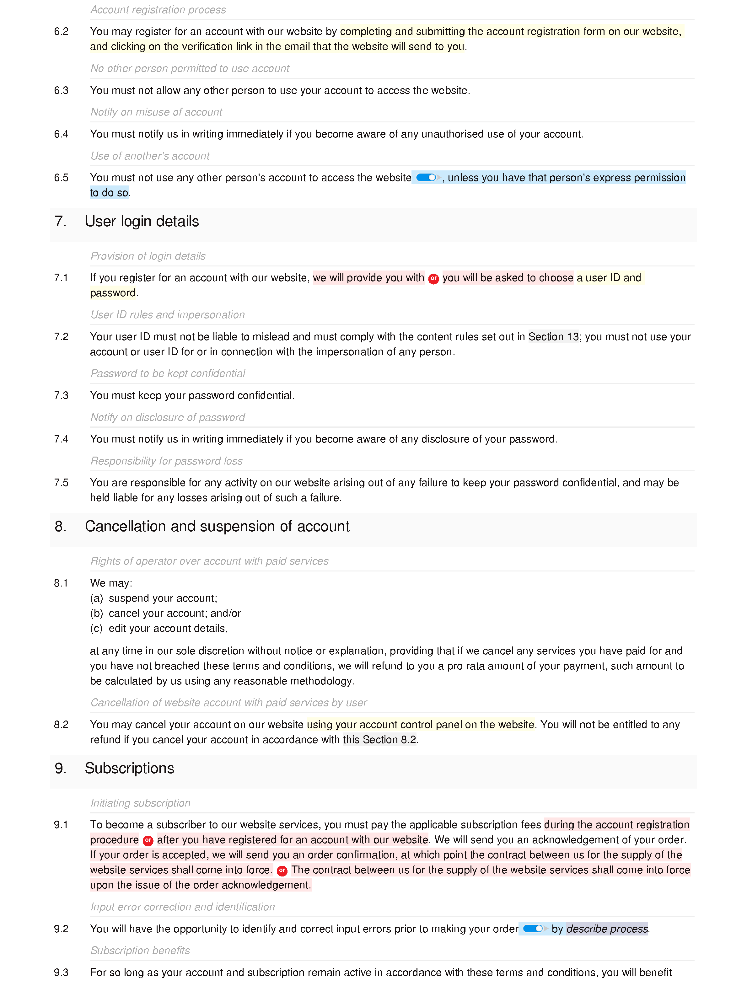 Legal subscription website terms and conditions document editor preview