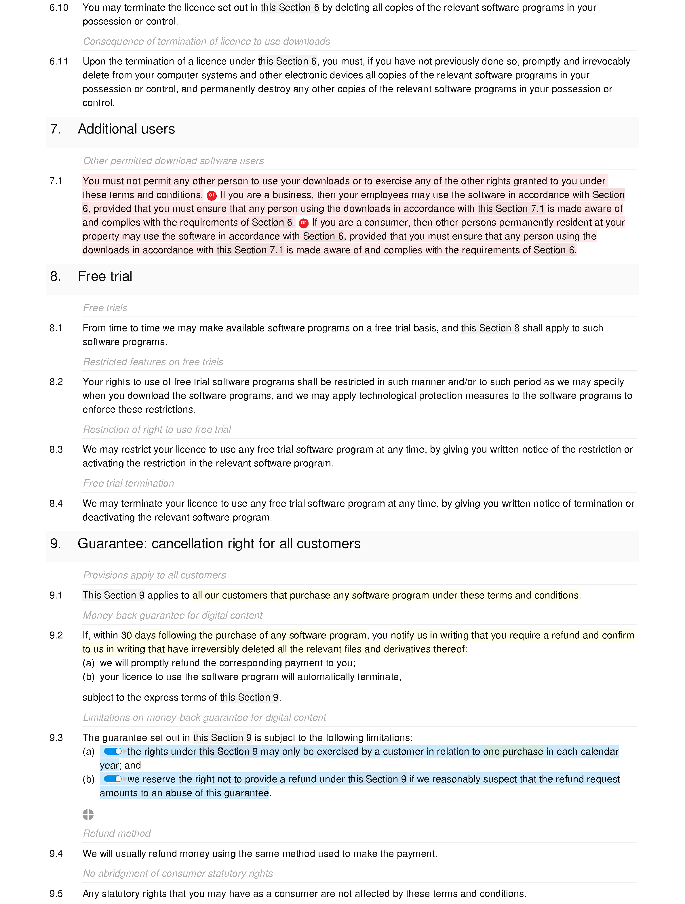 Software download terms and conditions document editor preview