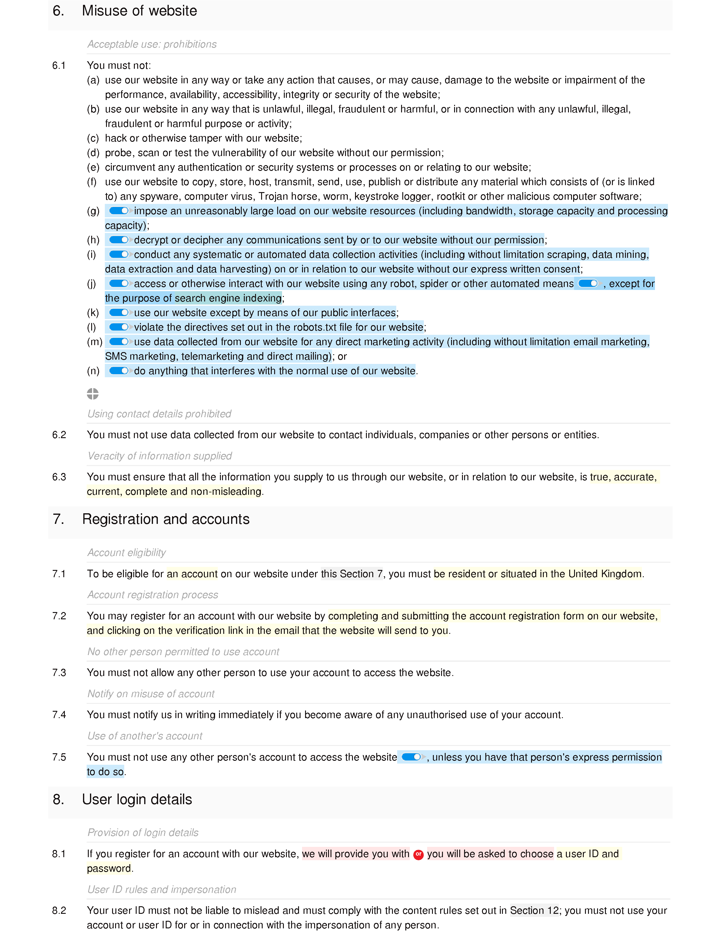 Blog terms and conditions document editor preview