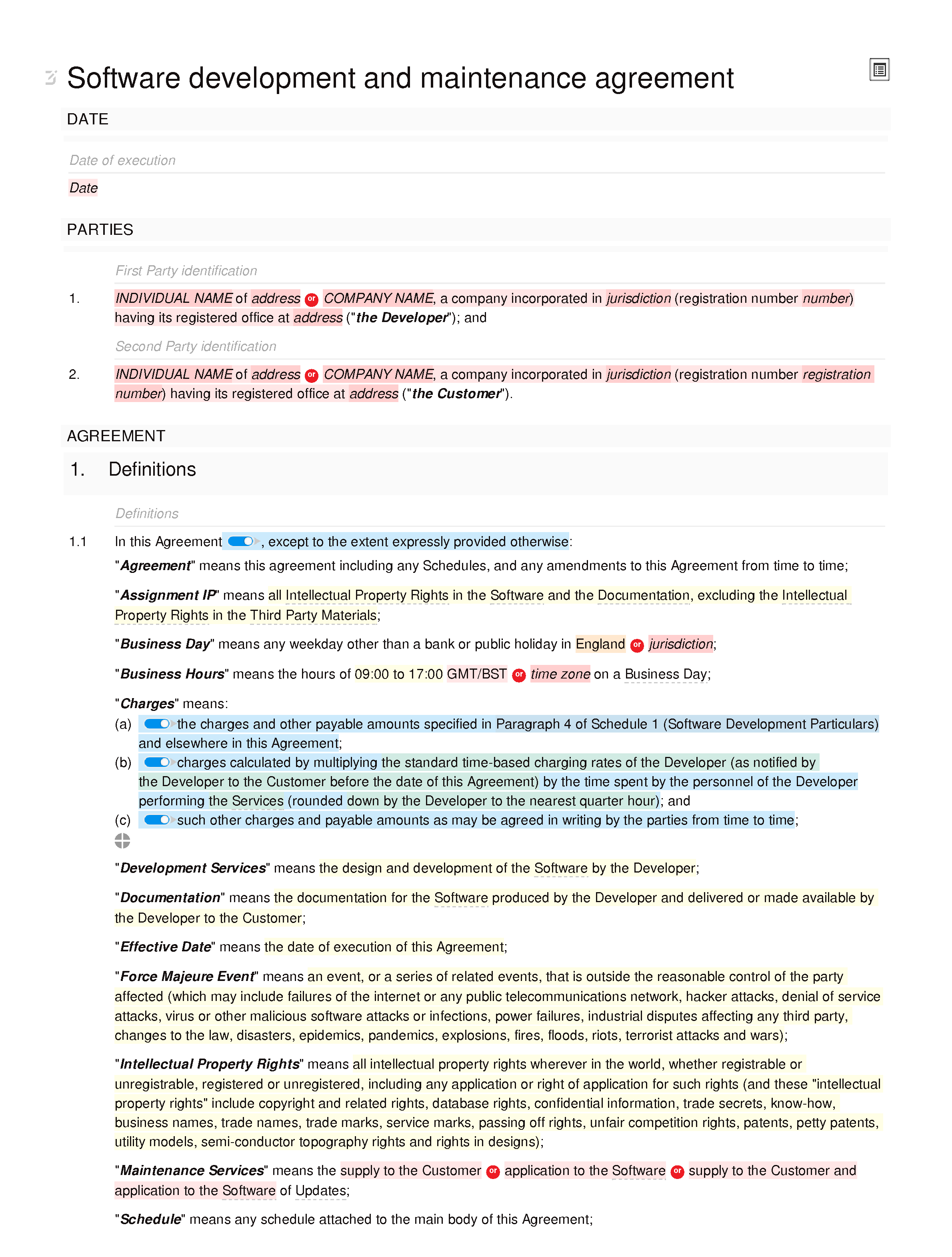 Software development and maintenance agreement (basic) document editor preview