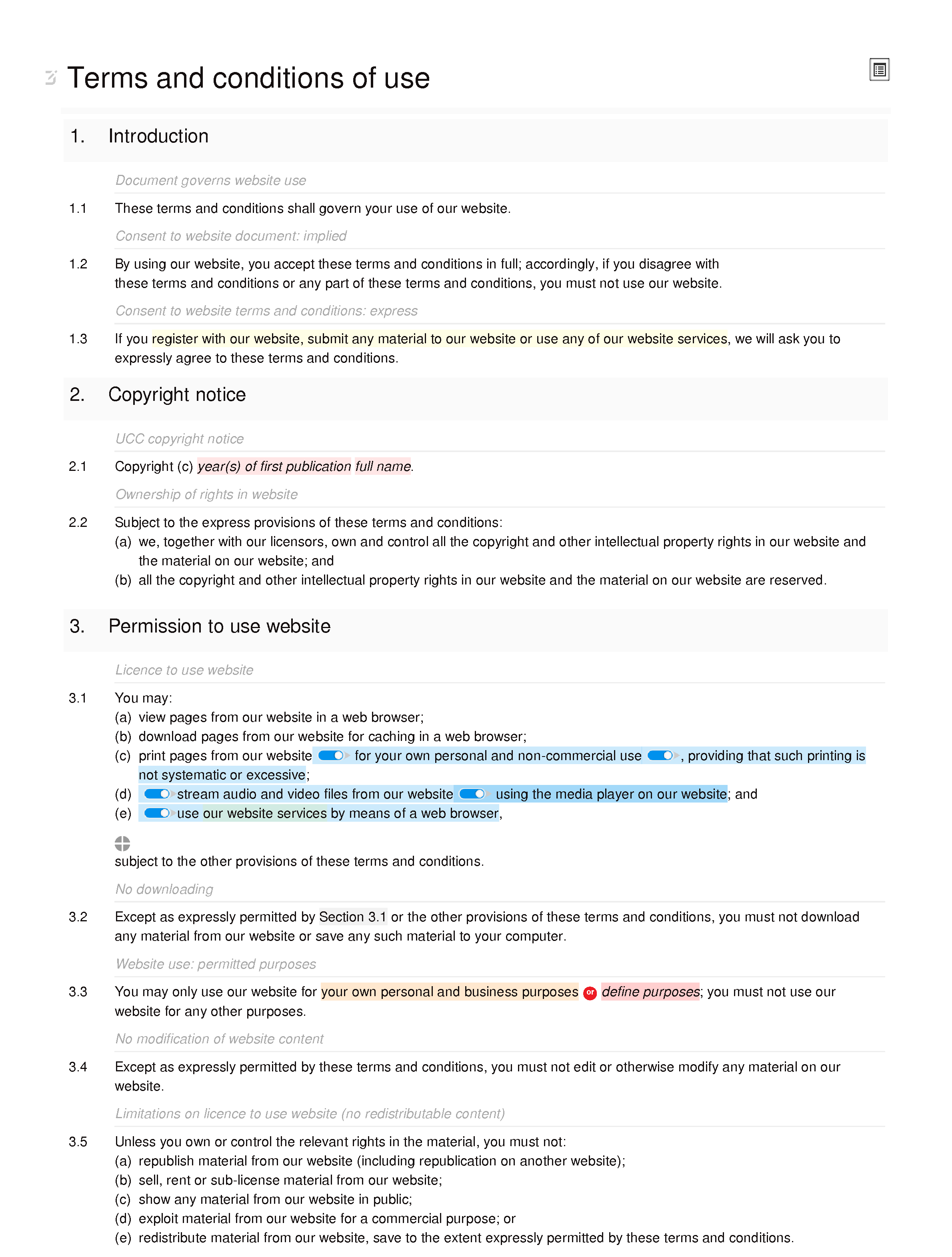 Business website terms and conditions document editor preview