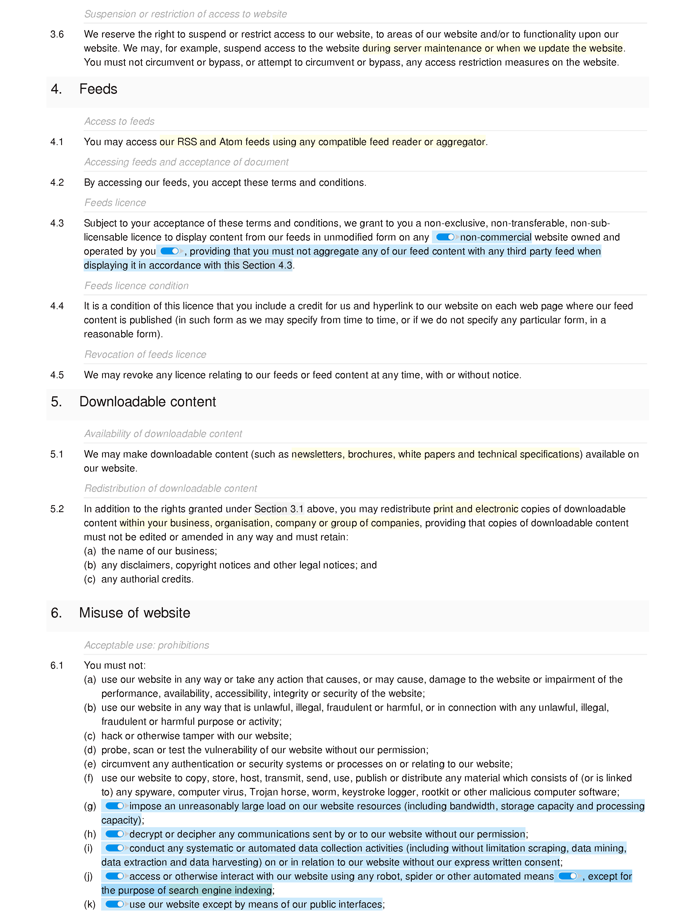 Business website terms and conditions document editor preview