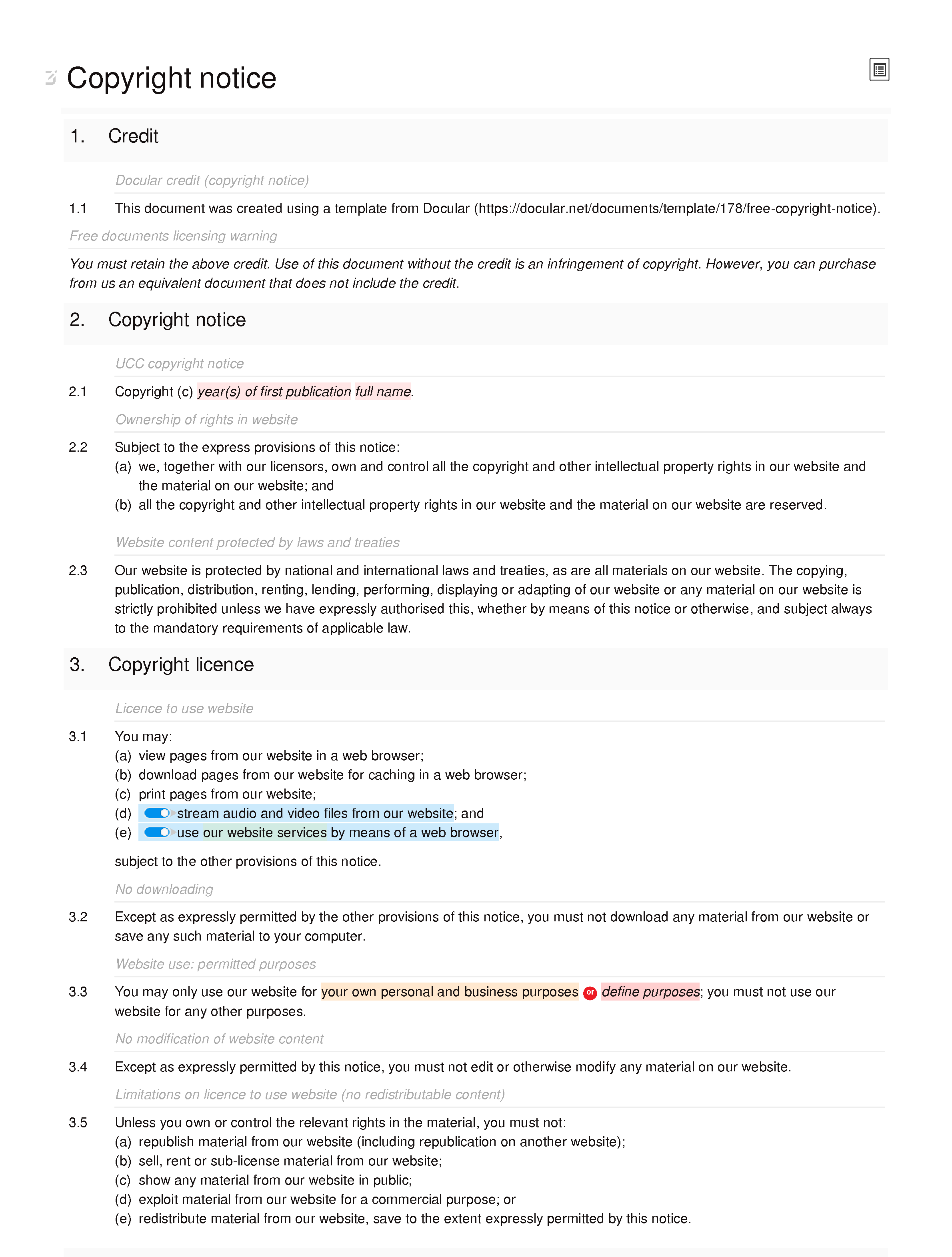 Free copyright notice document editor preview