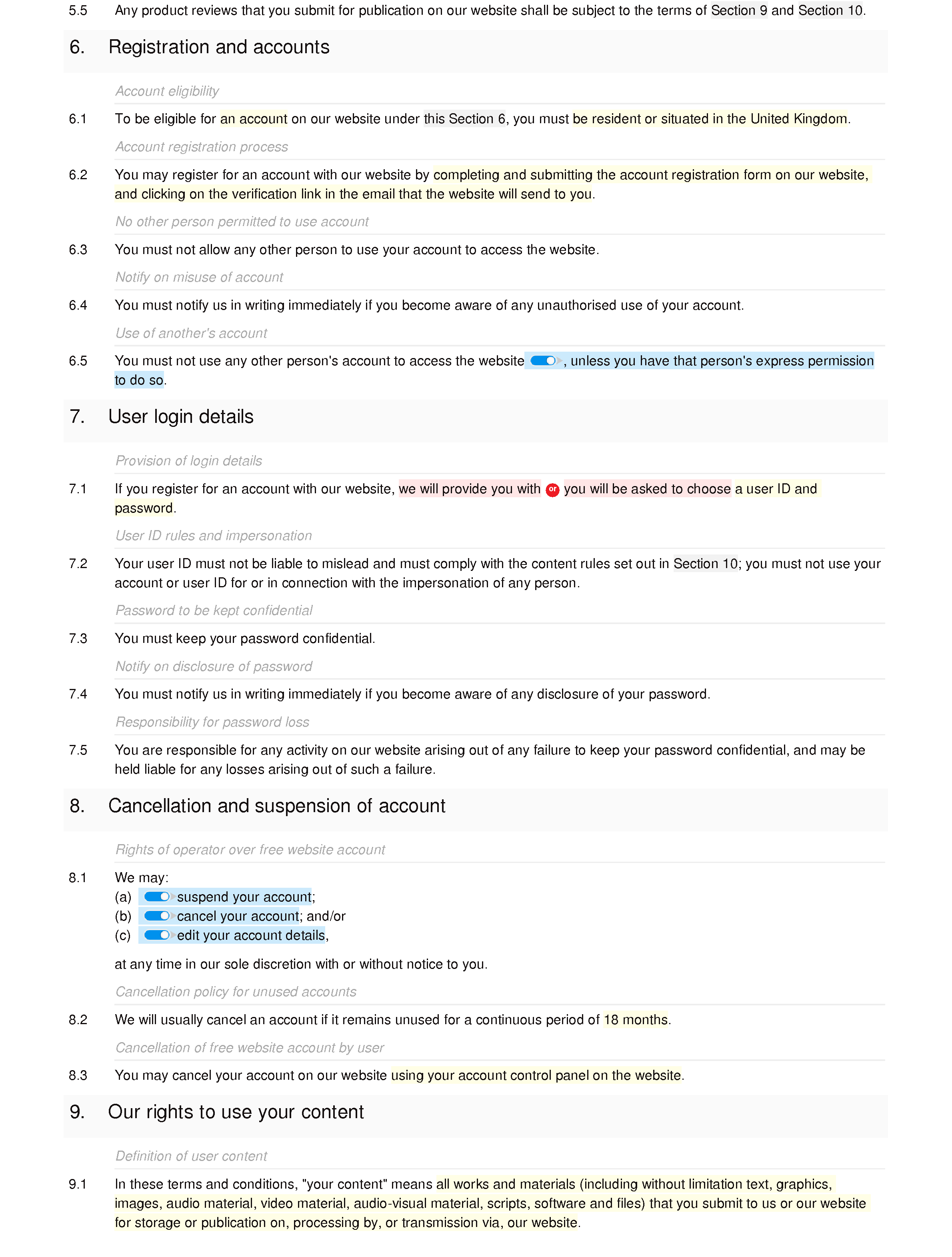 Online shop terms and conditions document editor preview