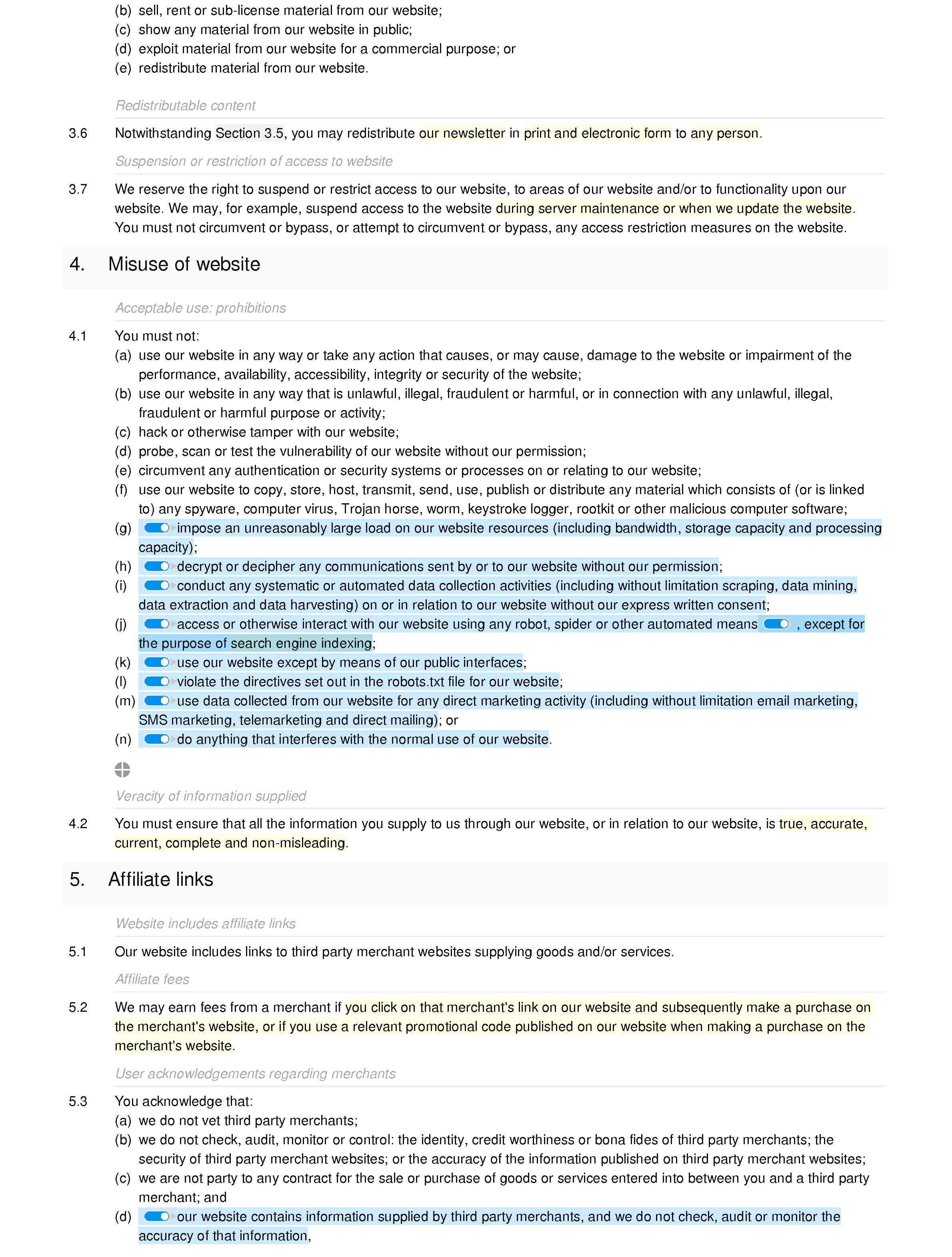 Affiliate website terms and conditions document editor preview