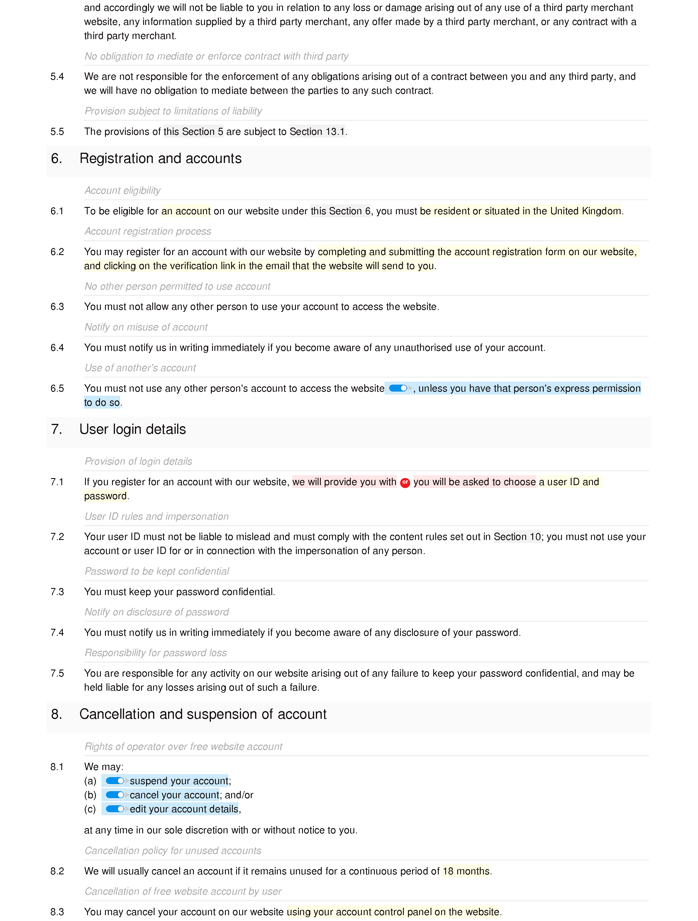 Affiliate website terms and conditions document editor preview