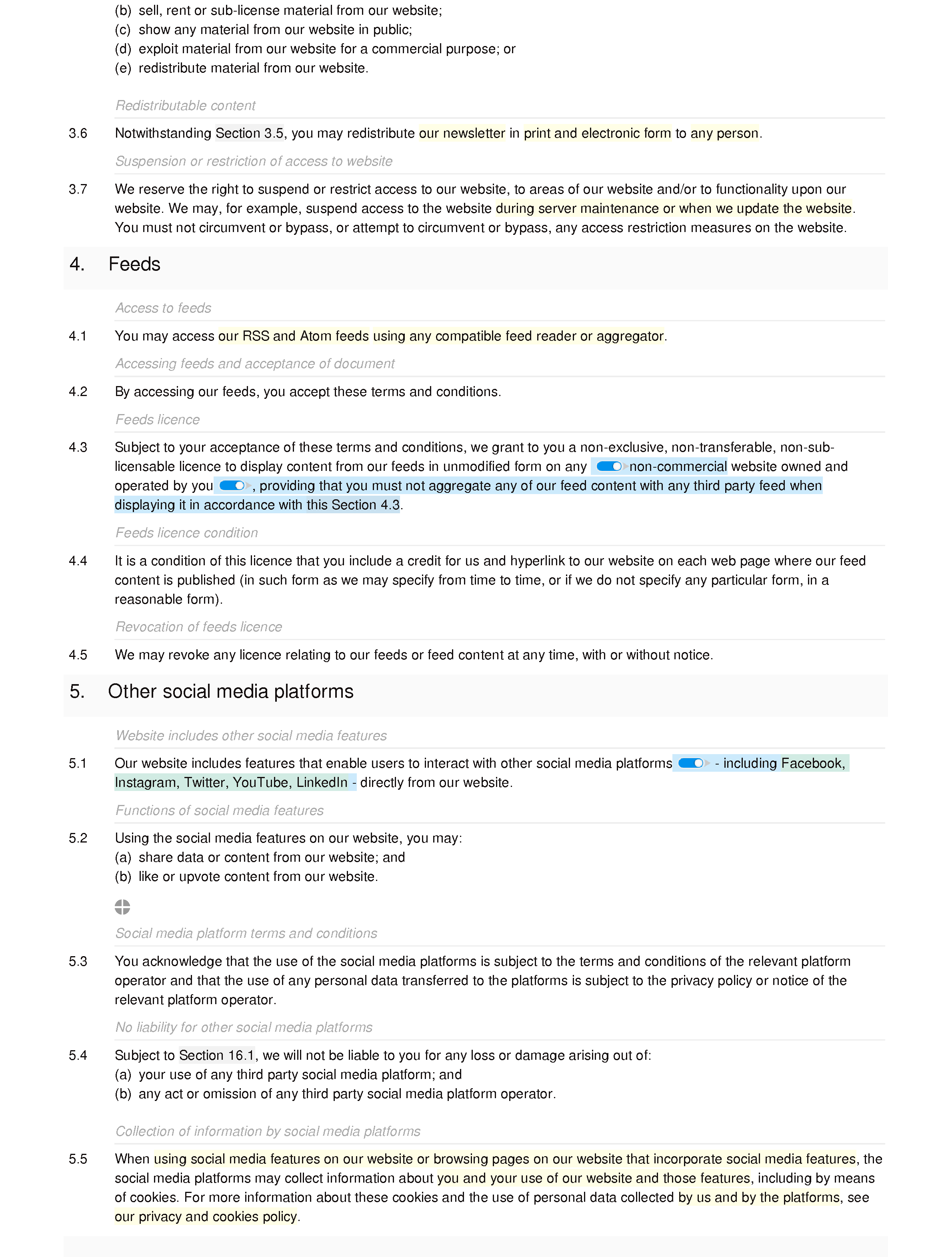 Social network terms and conditions document editor preview