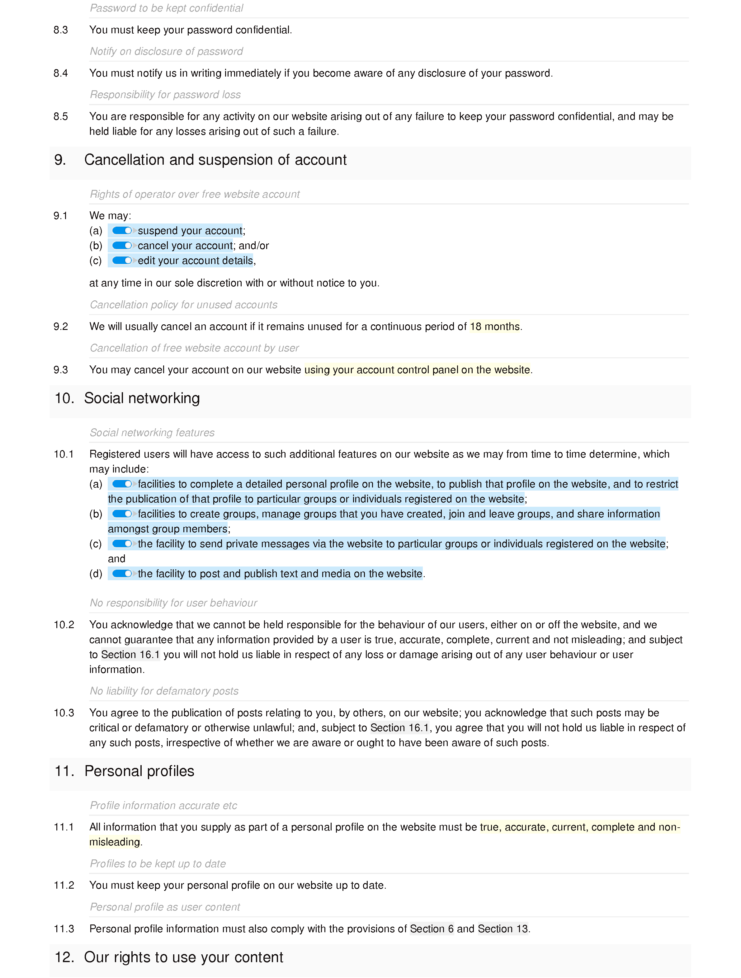 Social network terms and conditions document editor preview