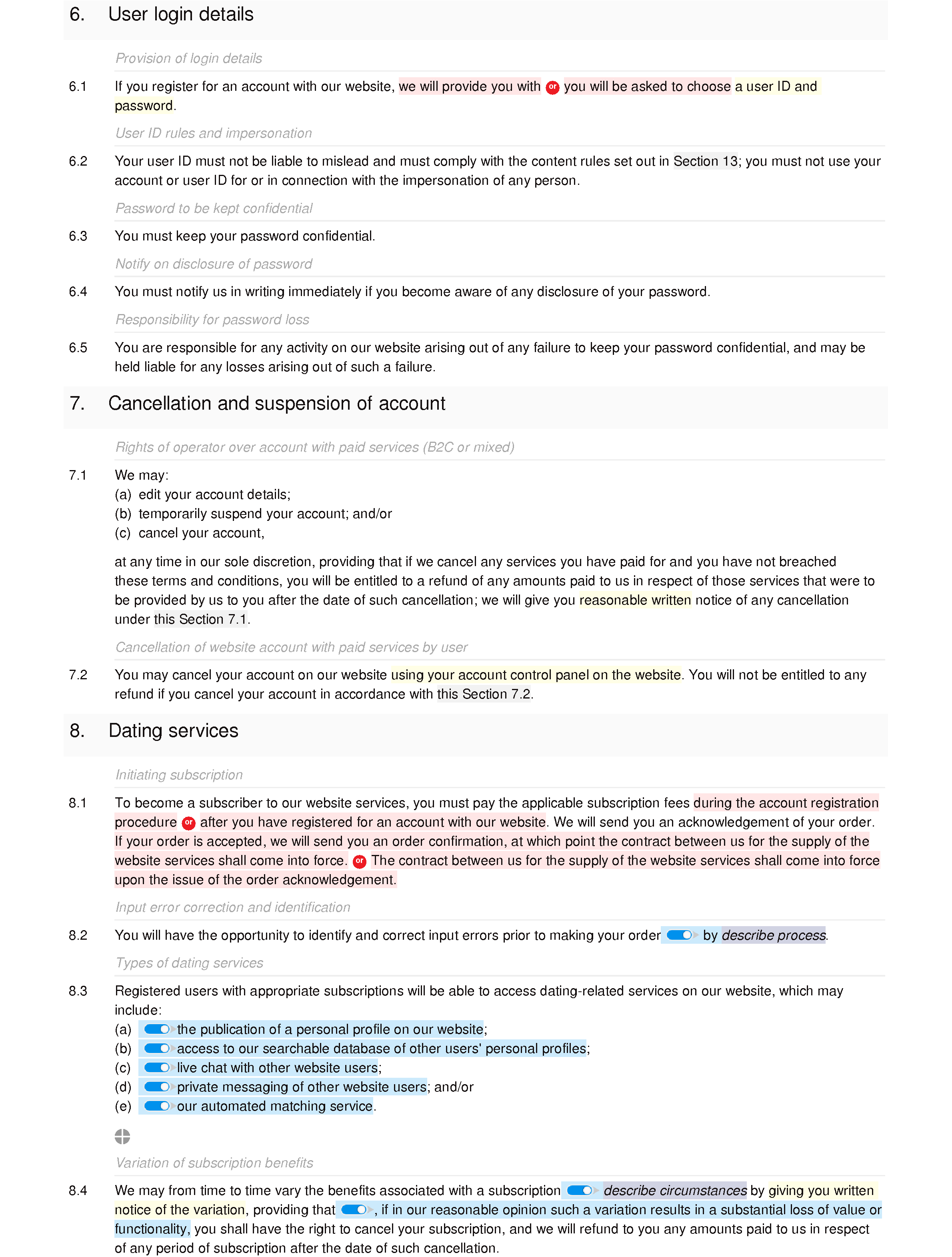 Dating website terms and conditions document editor preview