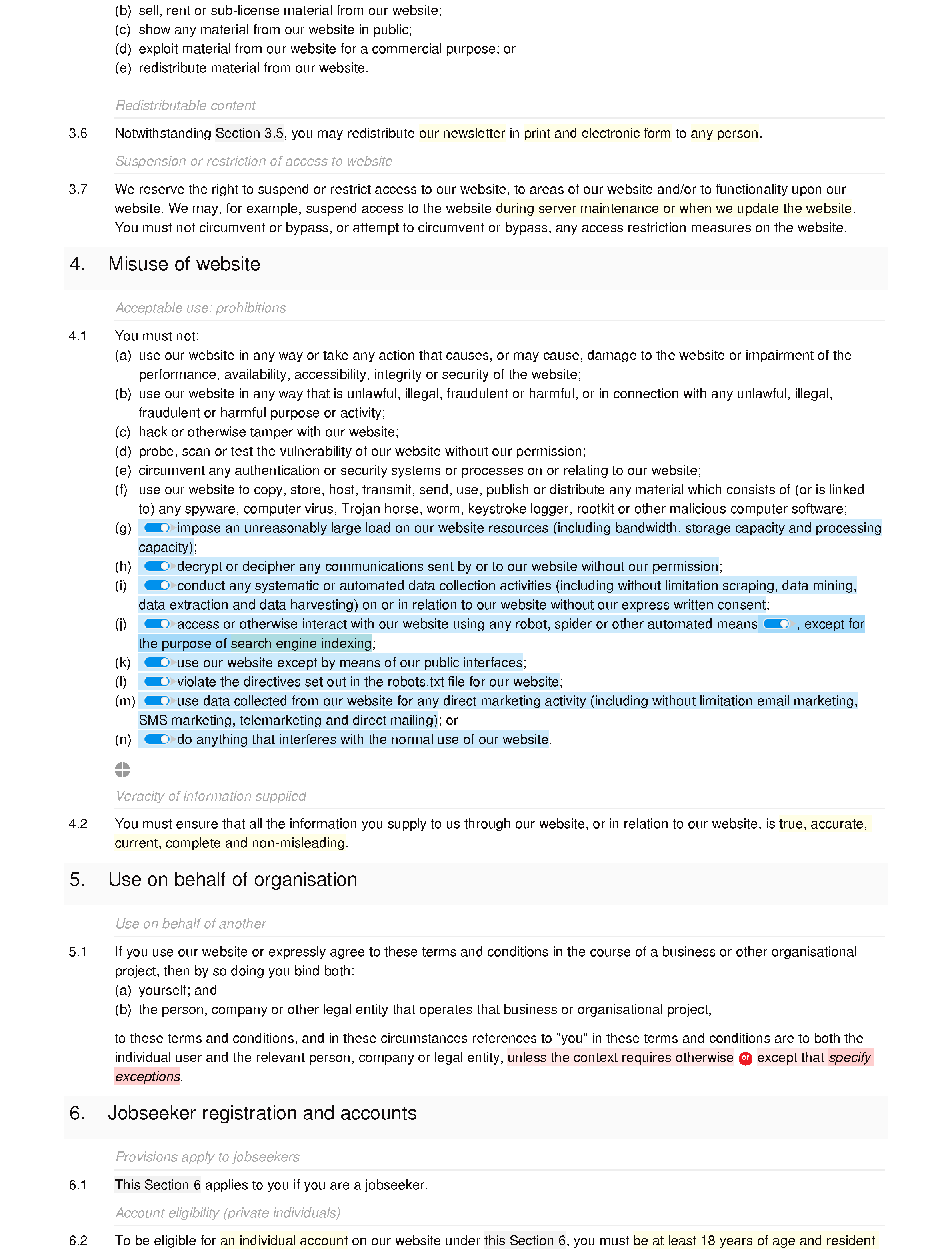 Recruitment website terms and conditions document editor preview