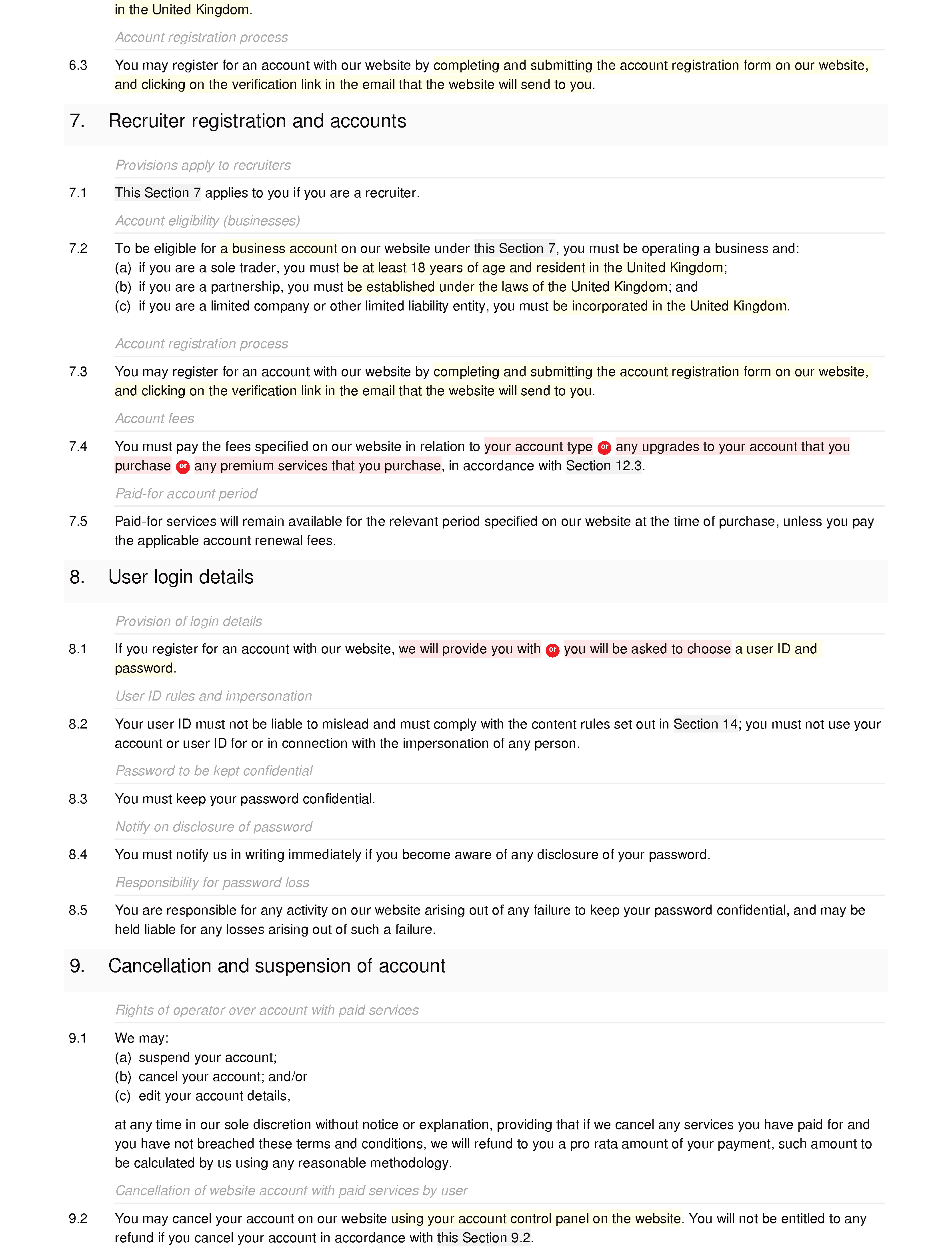 Recruitment website terms and conditions document editor preview