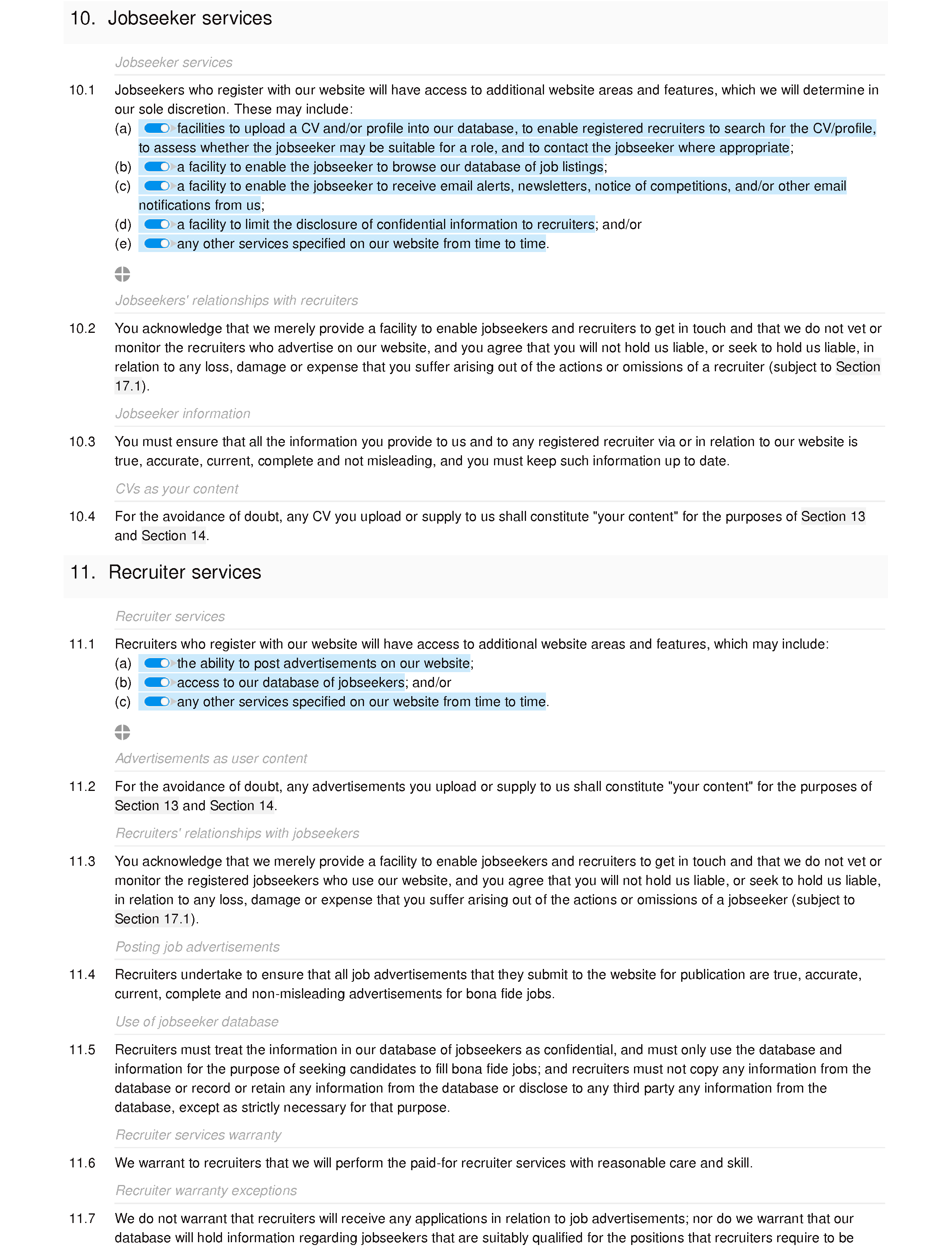 Recruitment website terms and conditions document editor preview