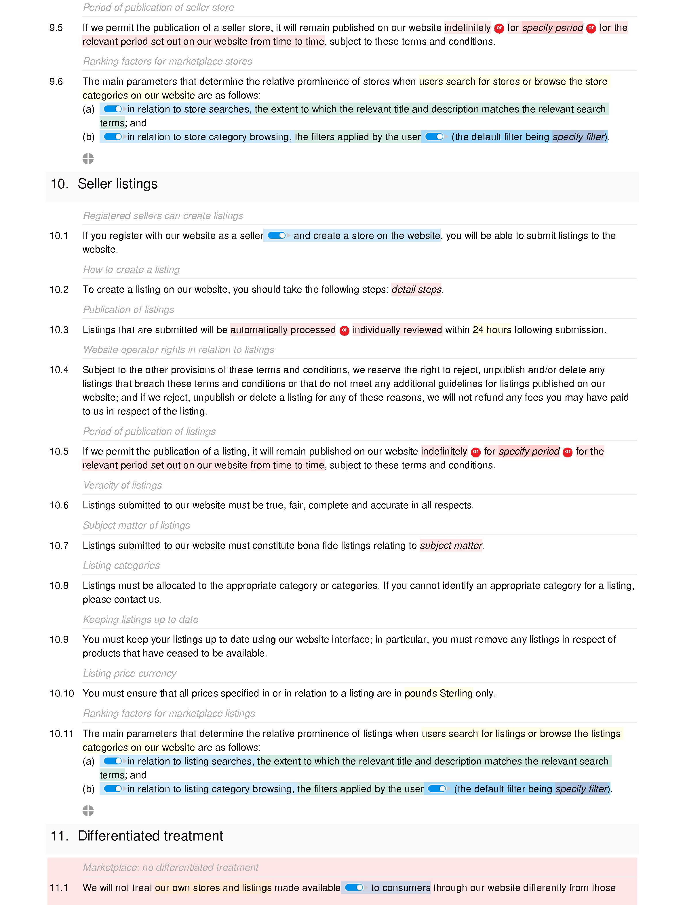 Marketplace website terms and conditions document editor preview