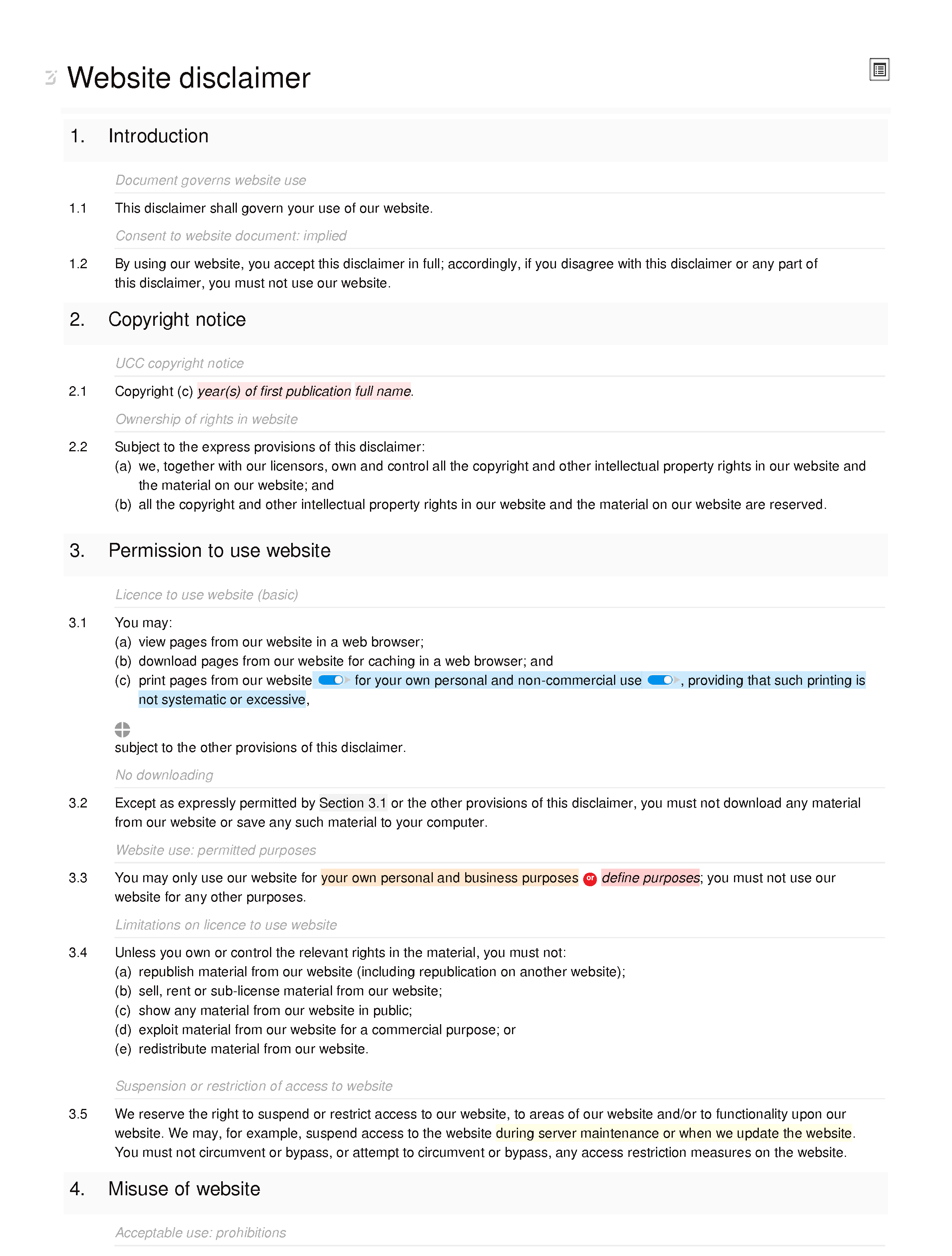 Website disclaimer document editor preview