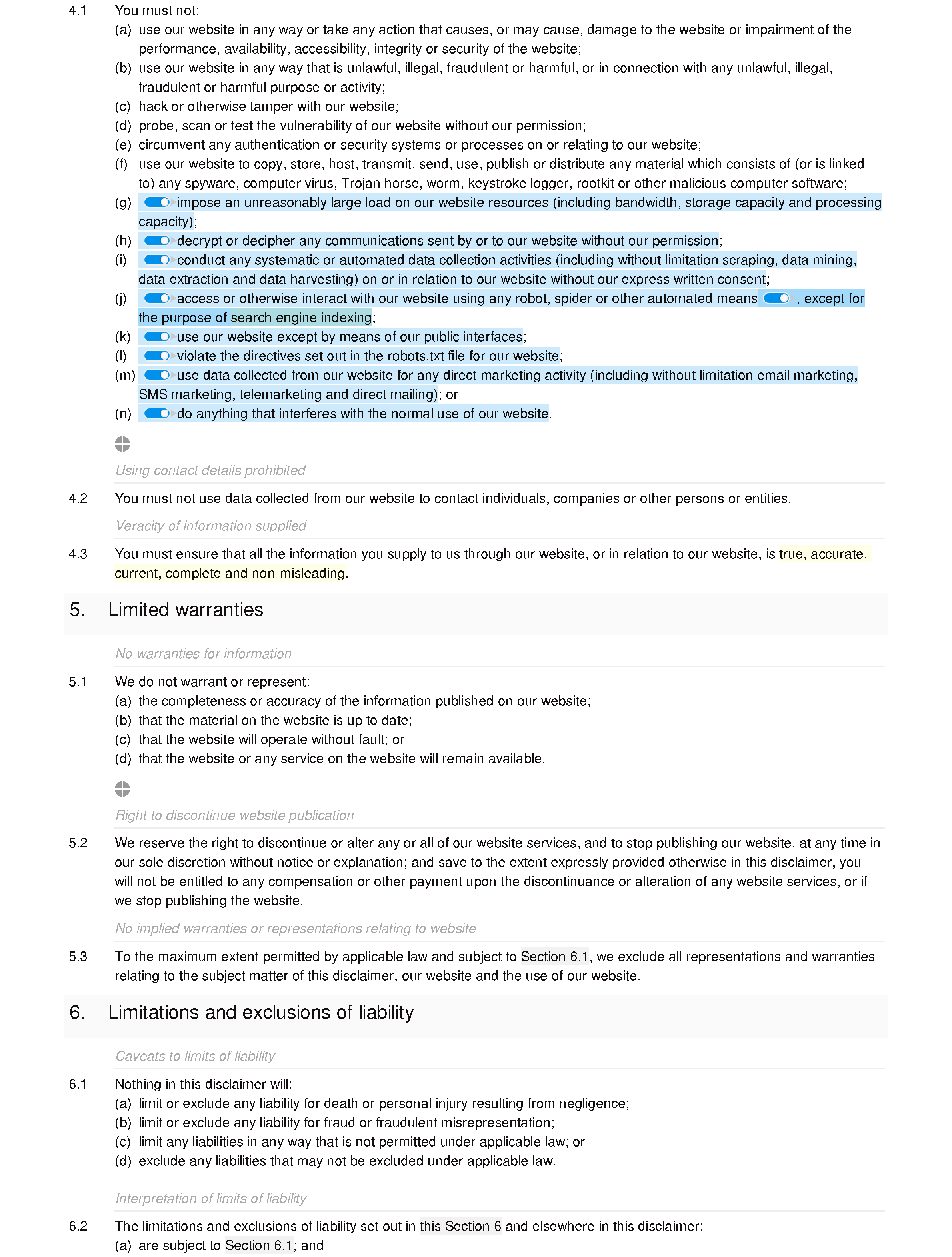 Website disclaimer document editor preview