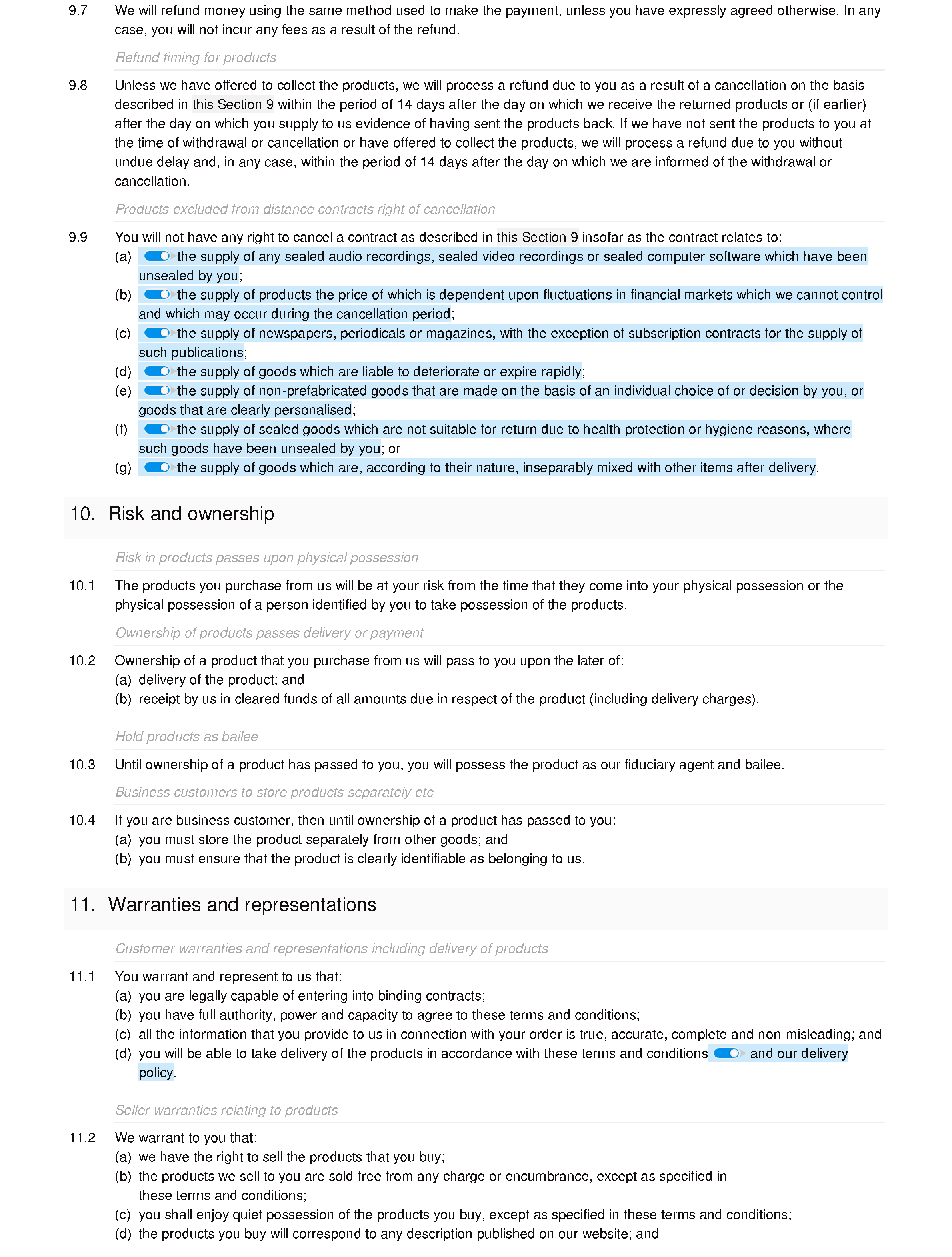 Terms and conditions of sale via website (B2B and B2C) document editor preview