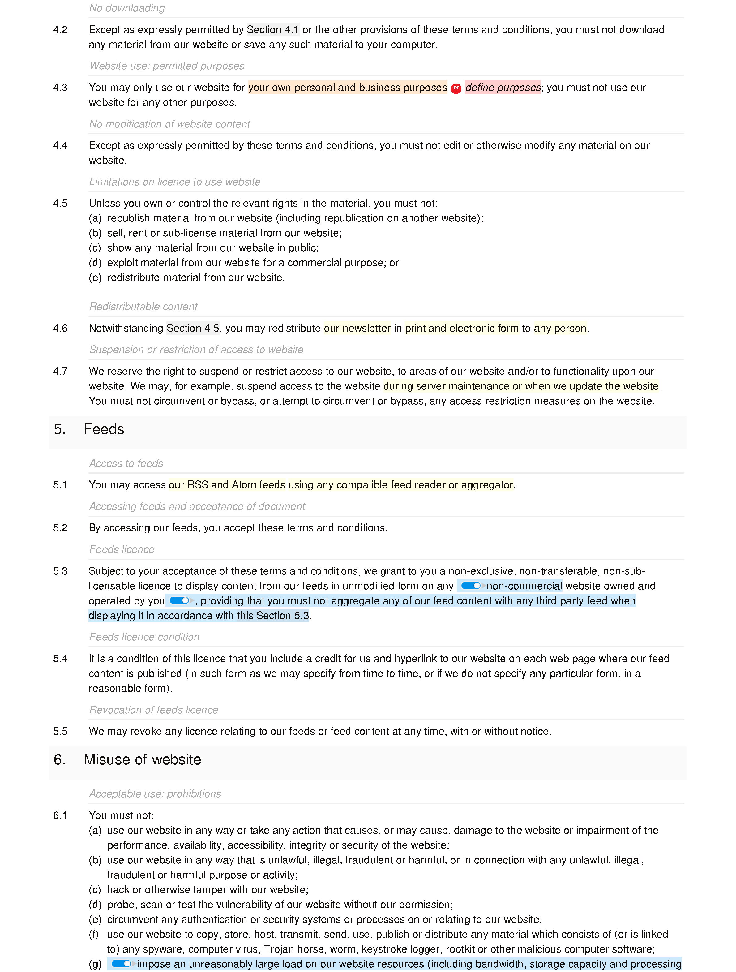 Financial website terms and conditions document editor preview