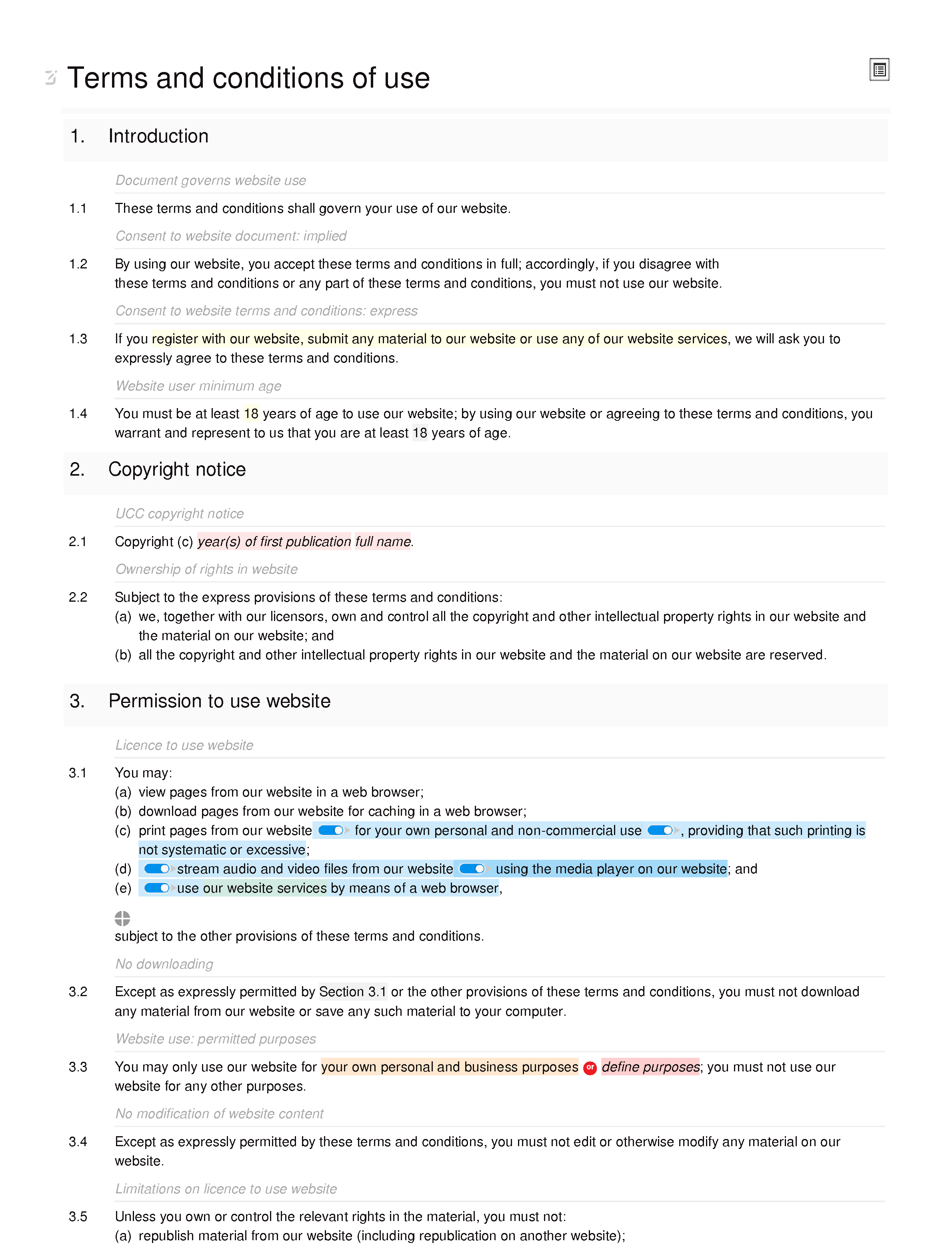 Legal website terms and conditions document editor preview