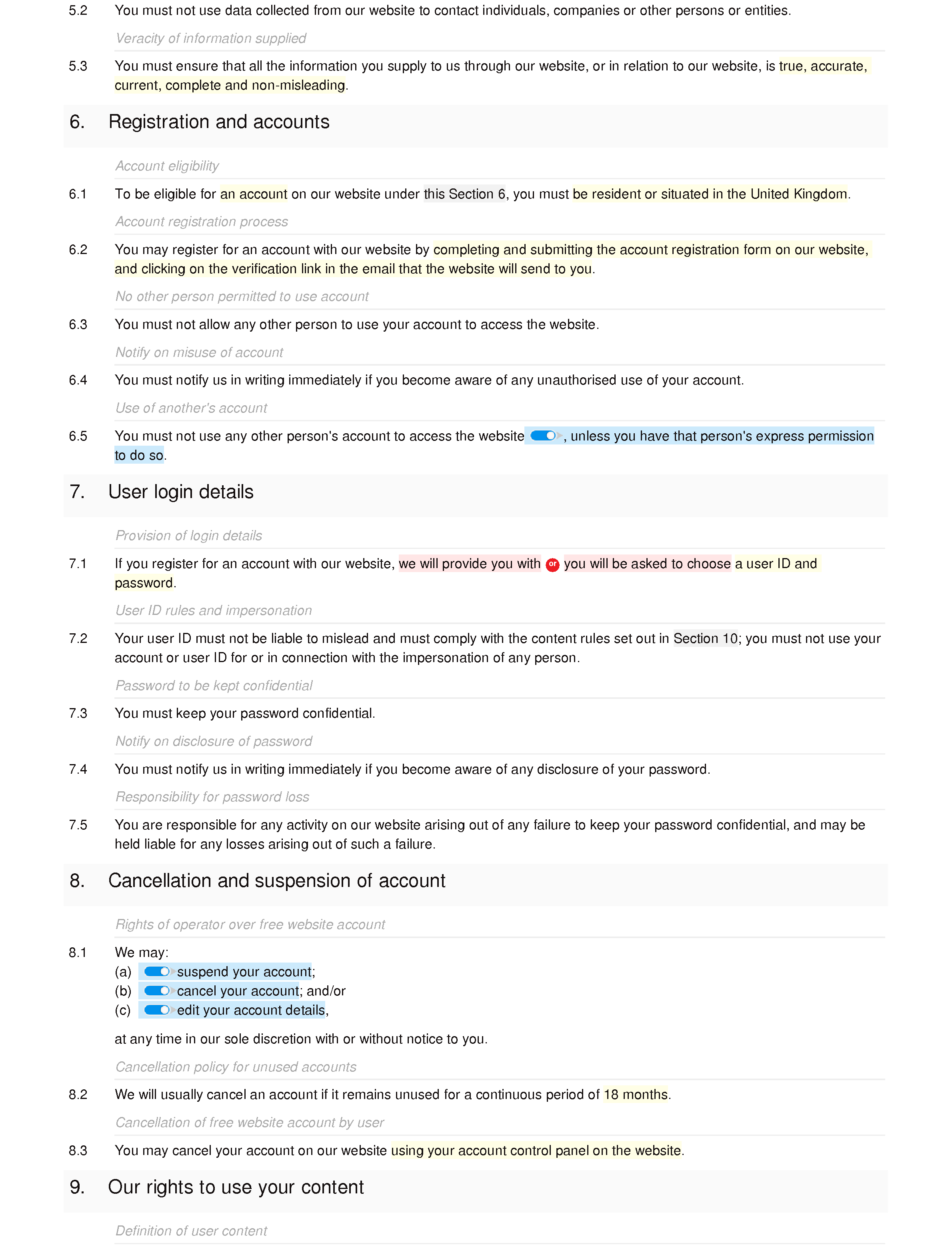 Legal website terms and conditions document editor preview