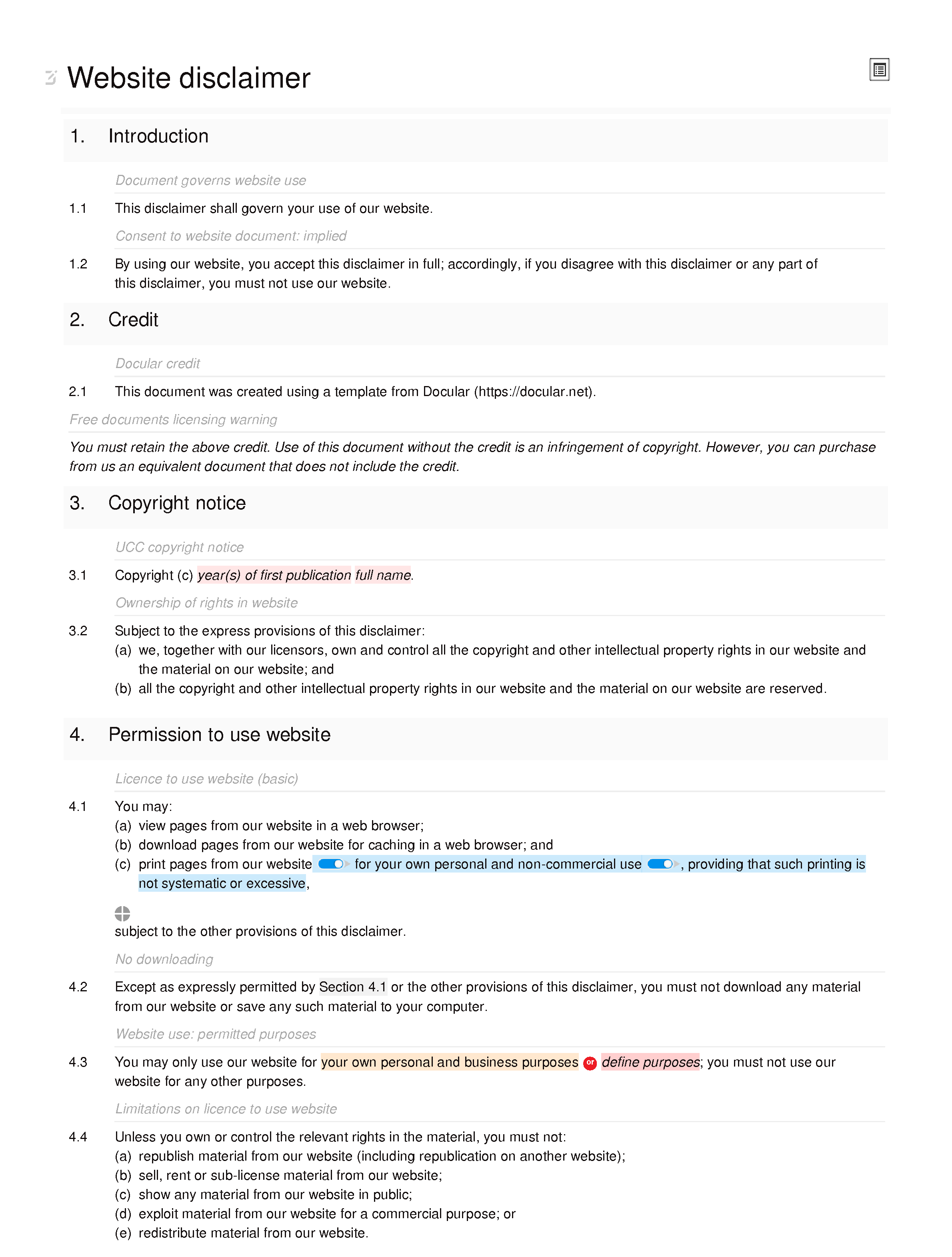 Free website disclaimer document editor preview