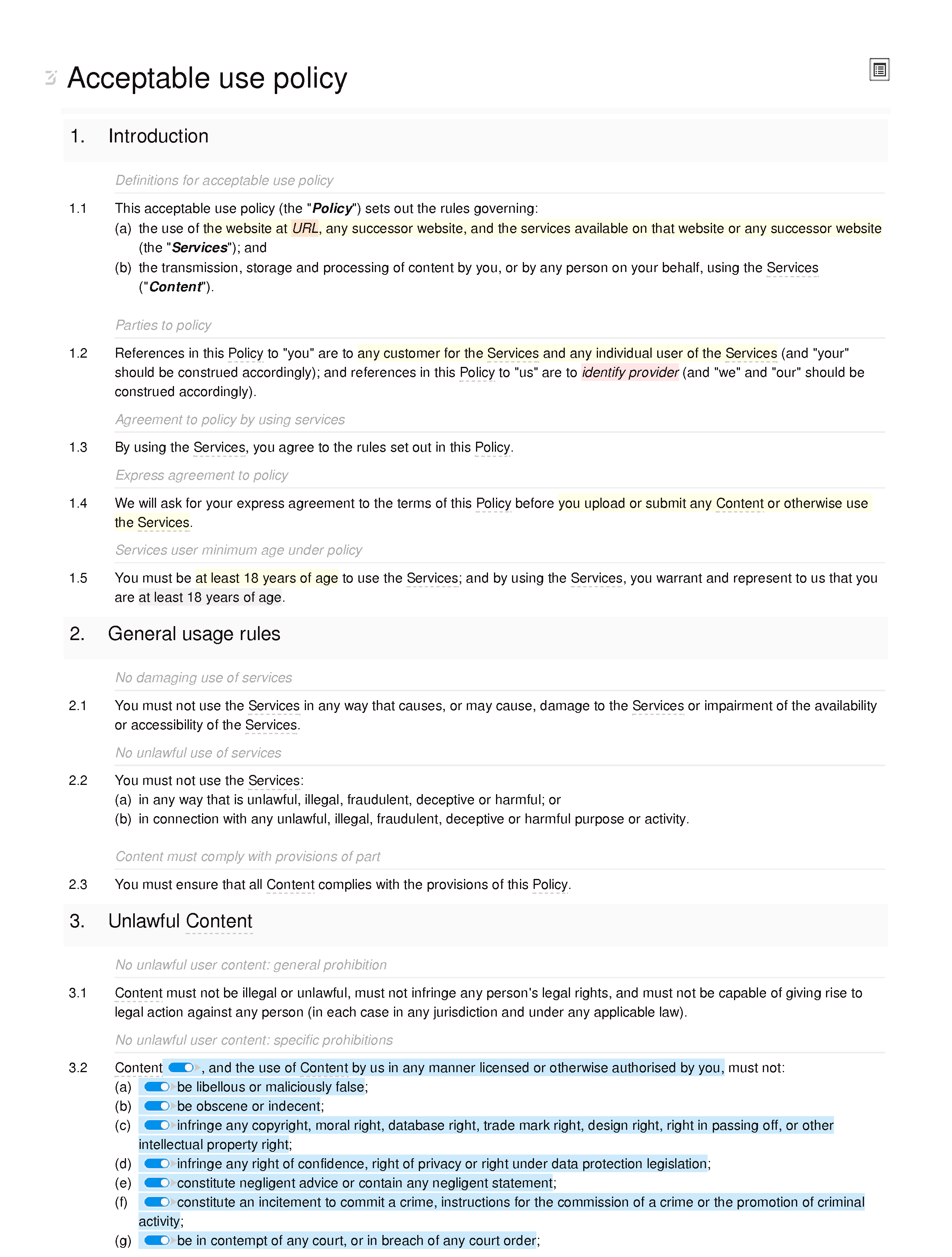 Acceptable use policy document editor preview