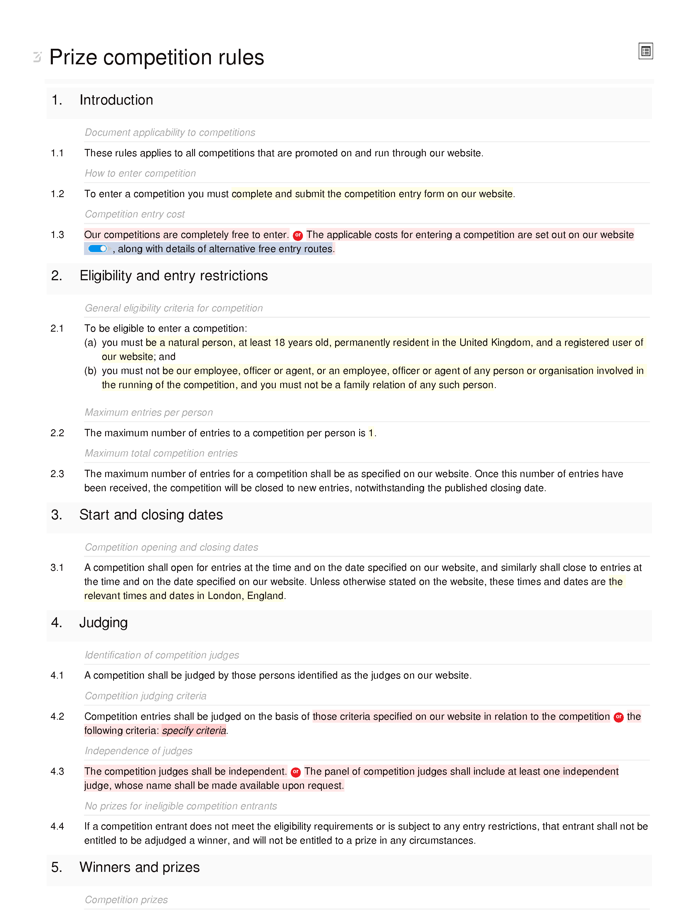 Prize competition rules document editor preview