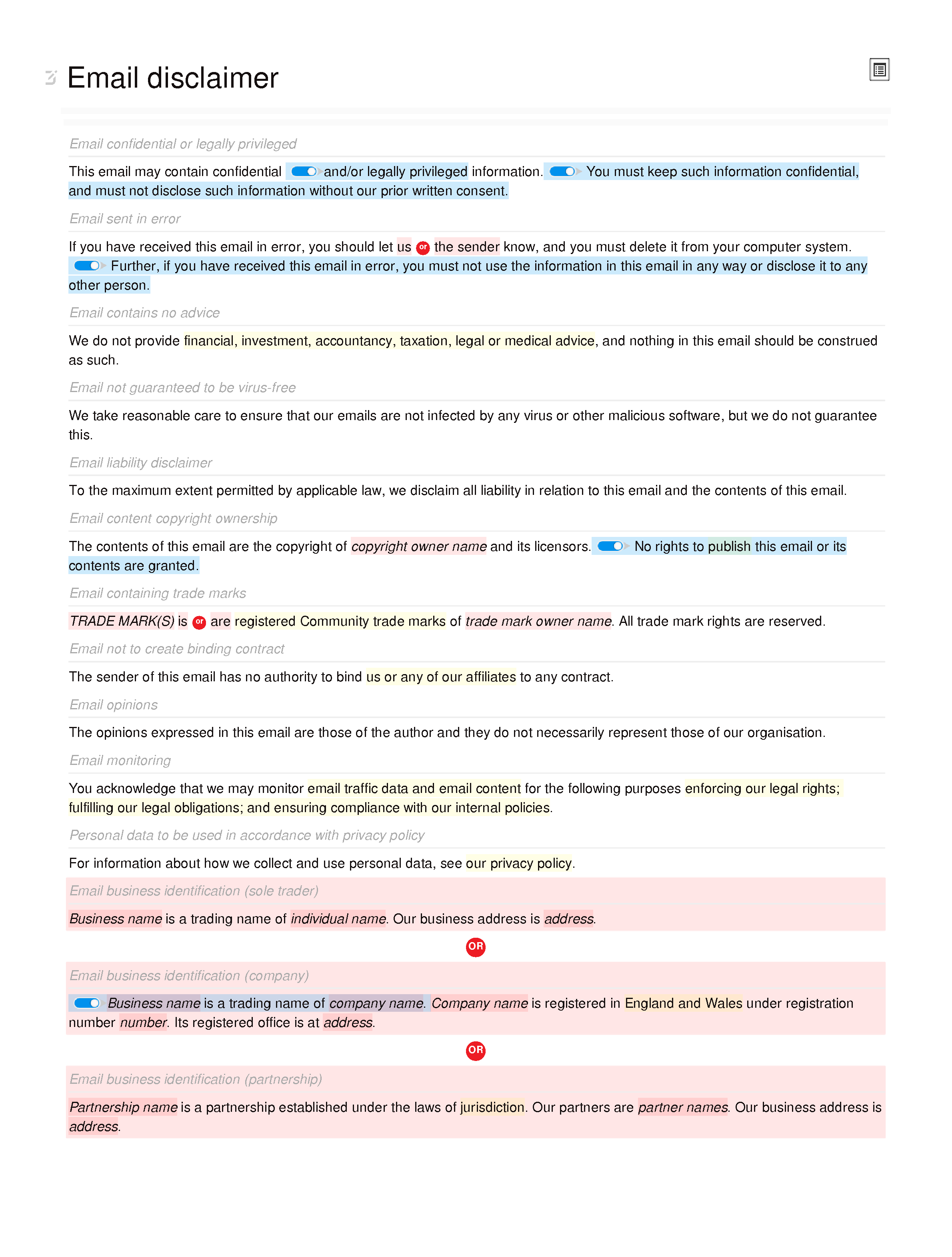 Email disclaimer document editor preview