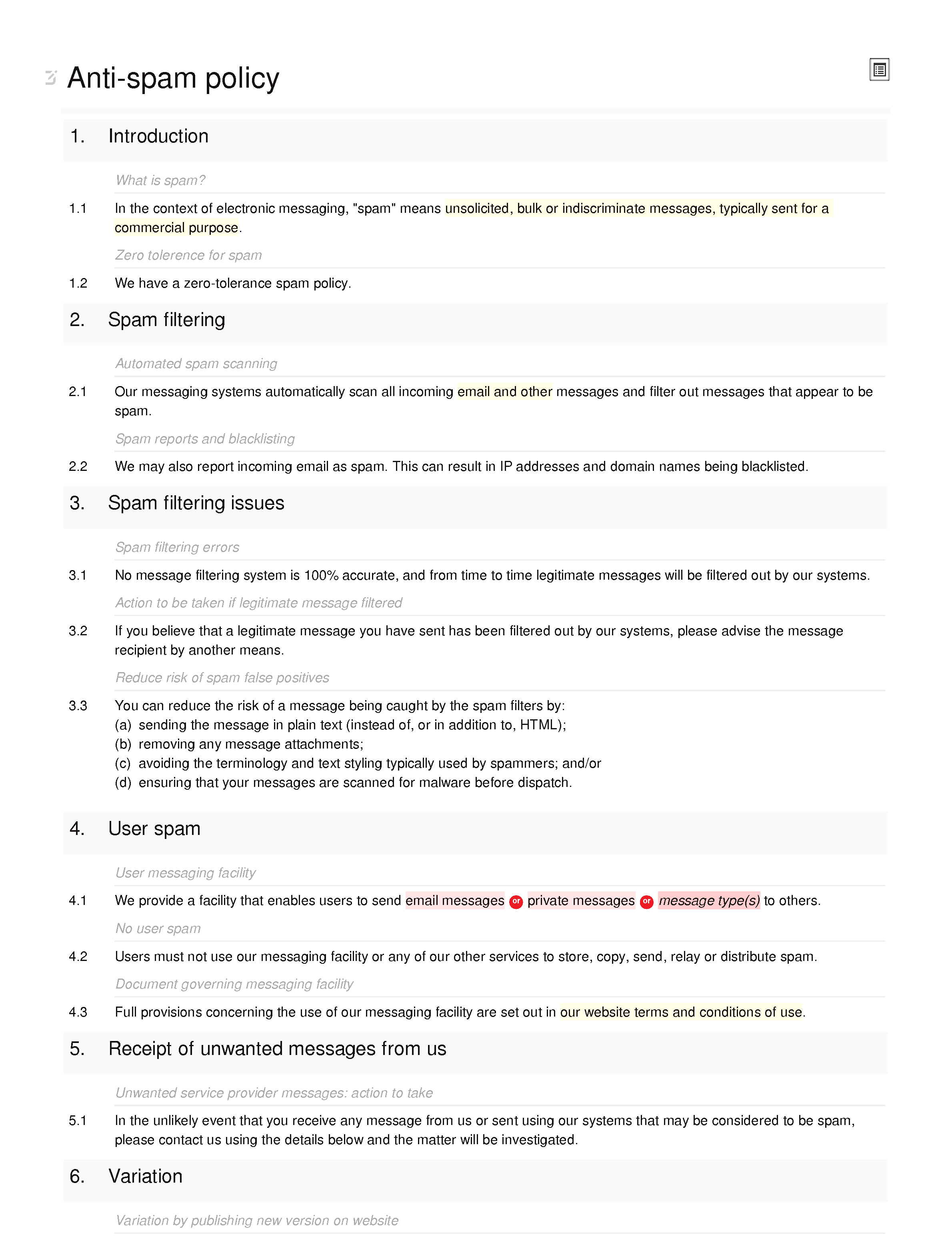 Anti-spam policy document editor preview