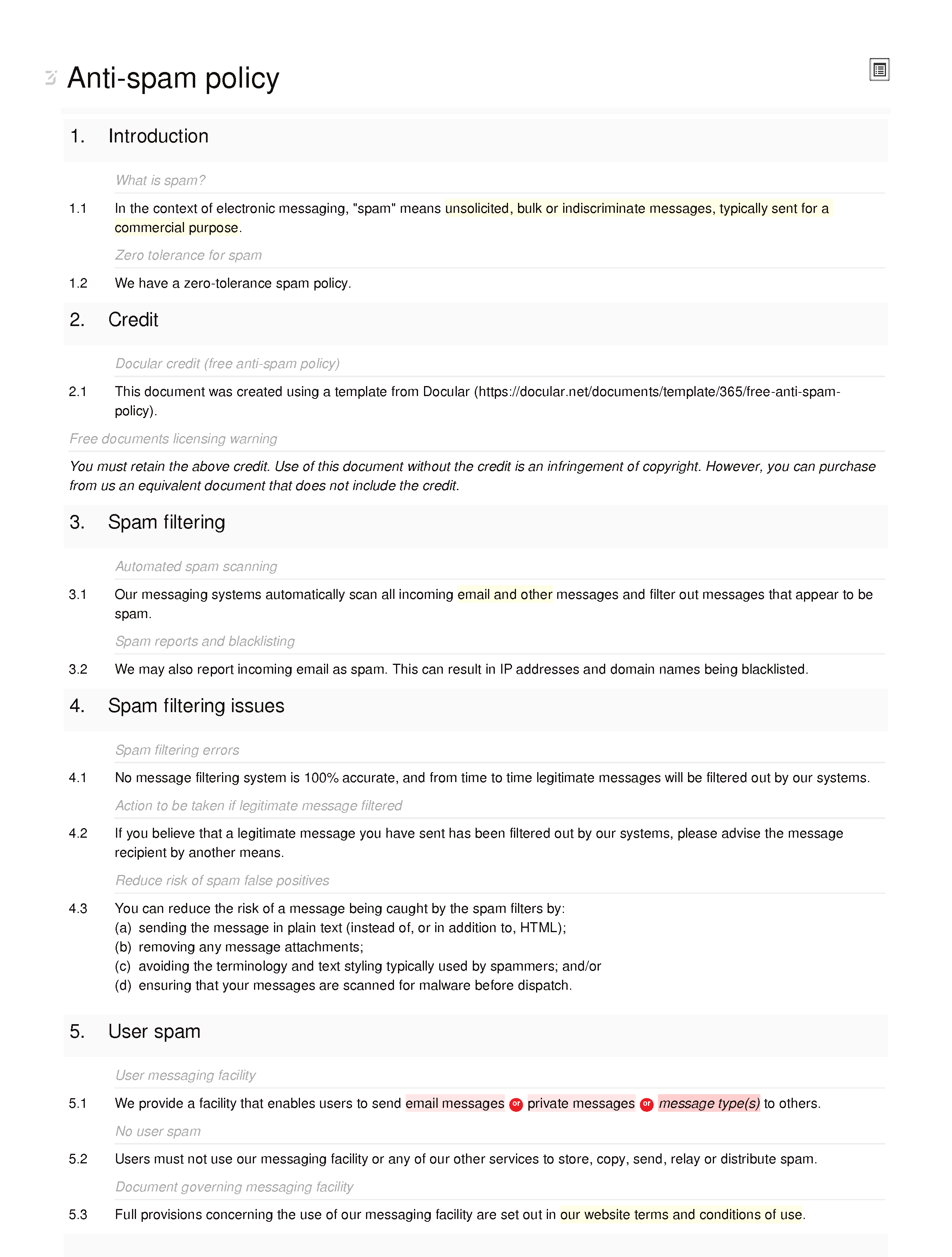 Free anti-spam policy document editor preview