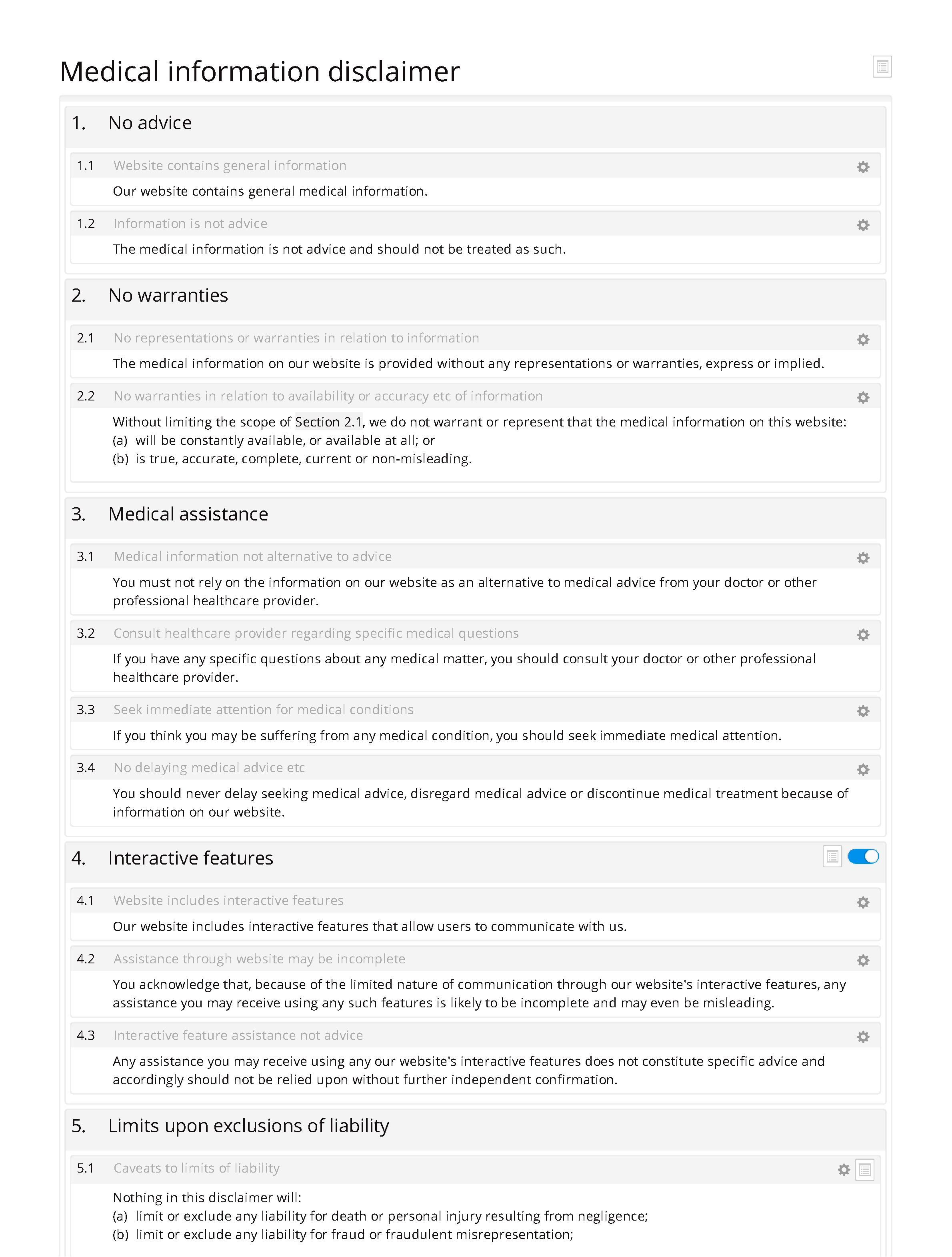 Medical information disclaimer document editor preview