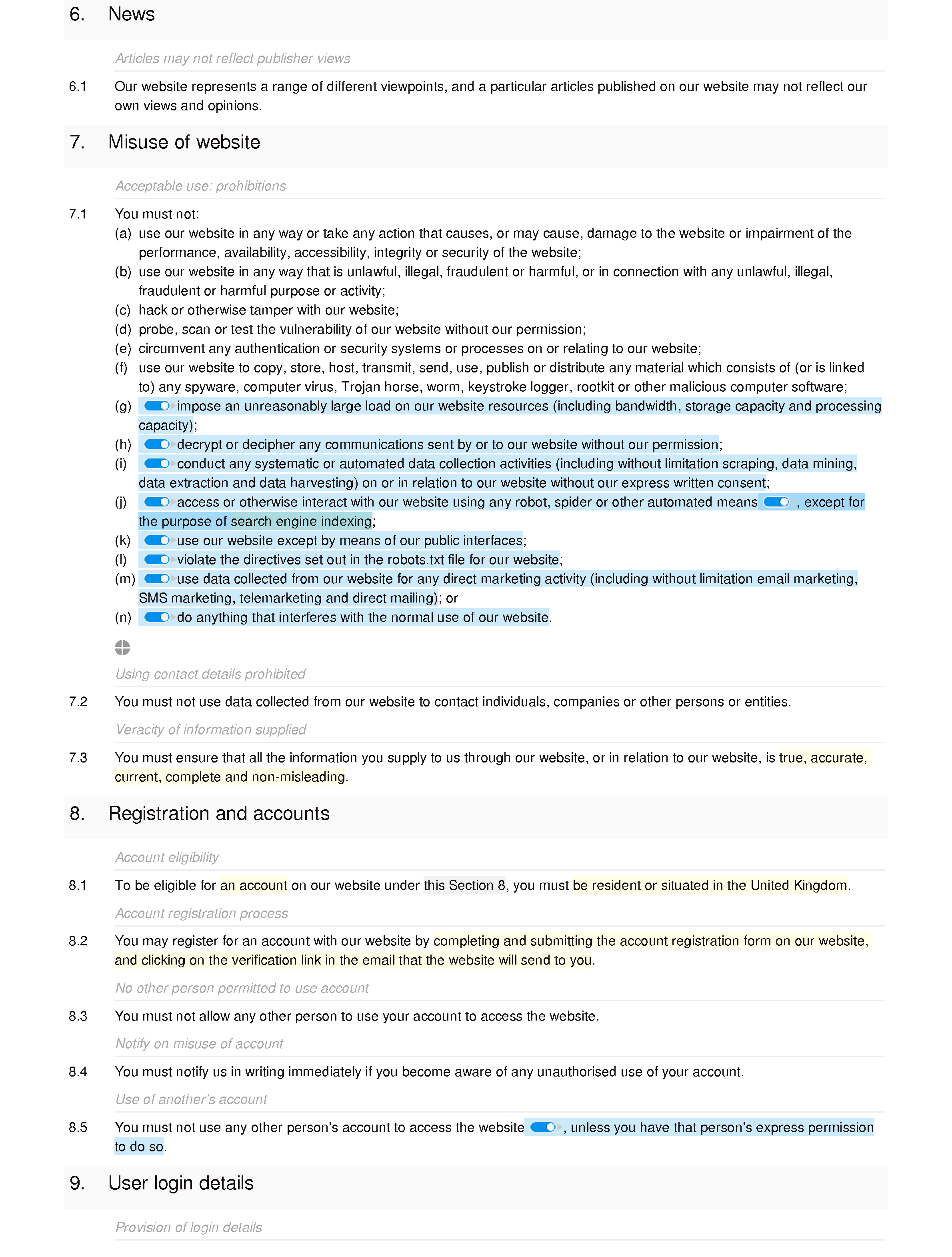 News website terms and conditions document editor preview