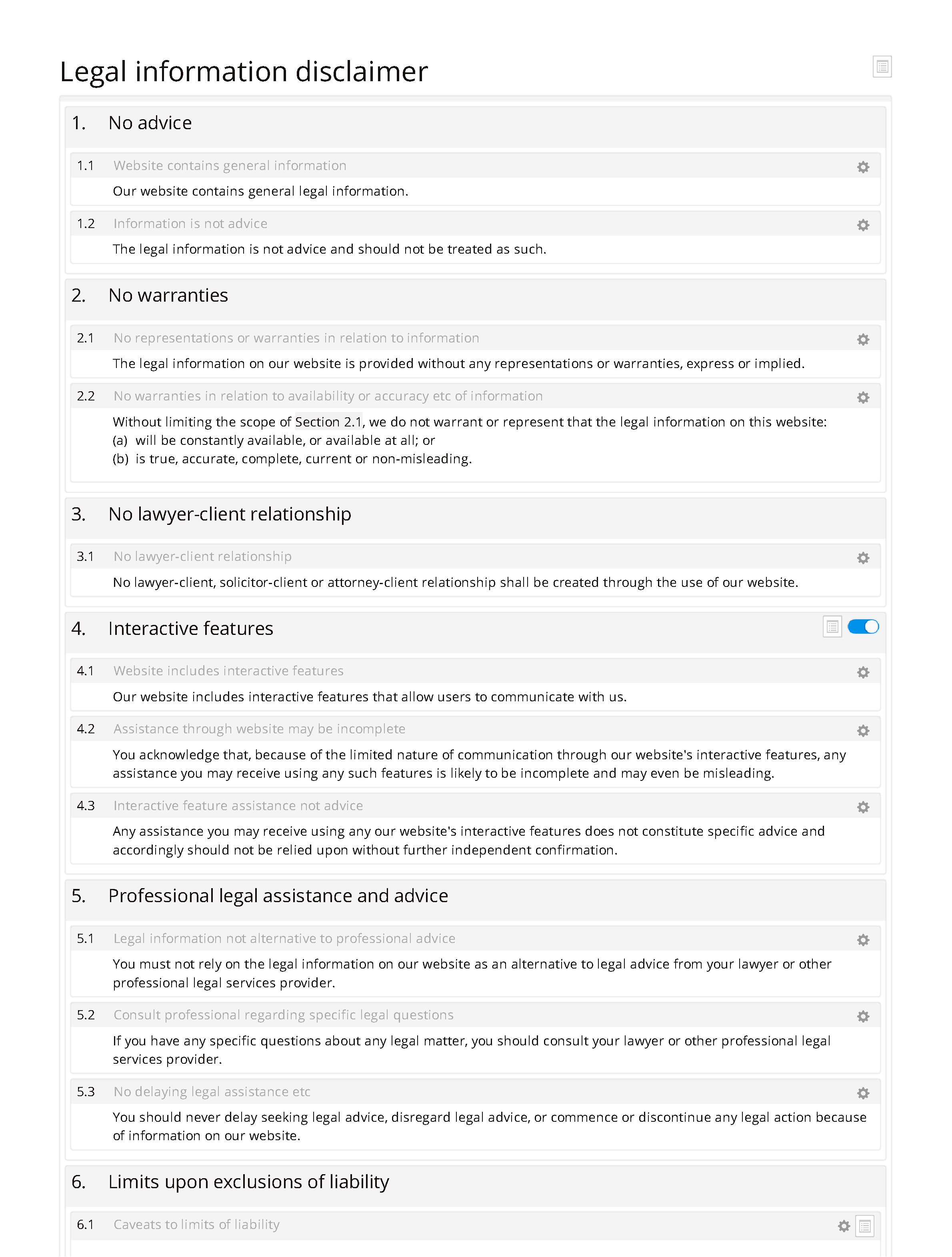 Legal information disclaimer document editor preview